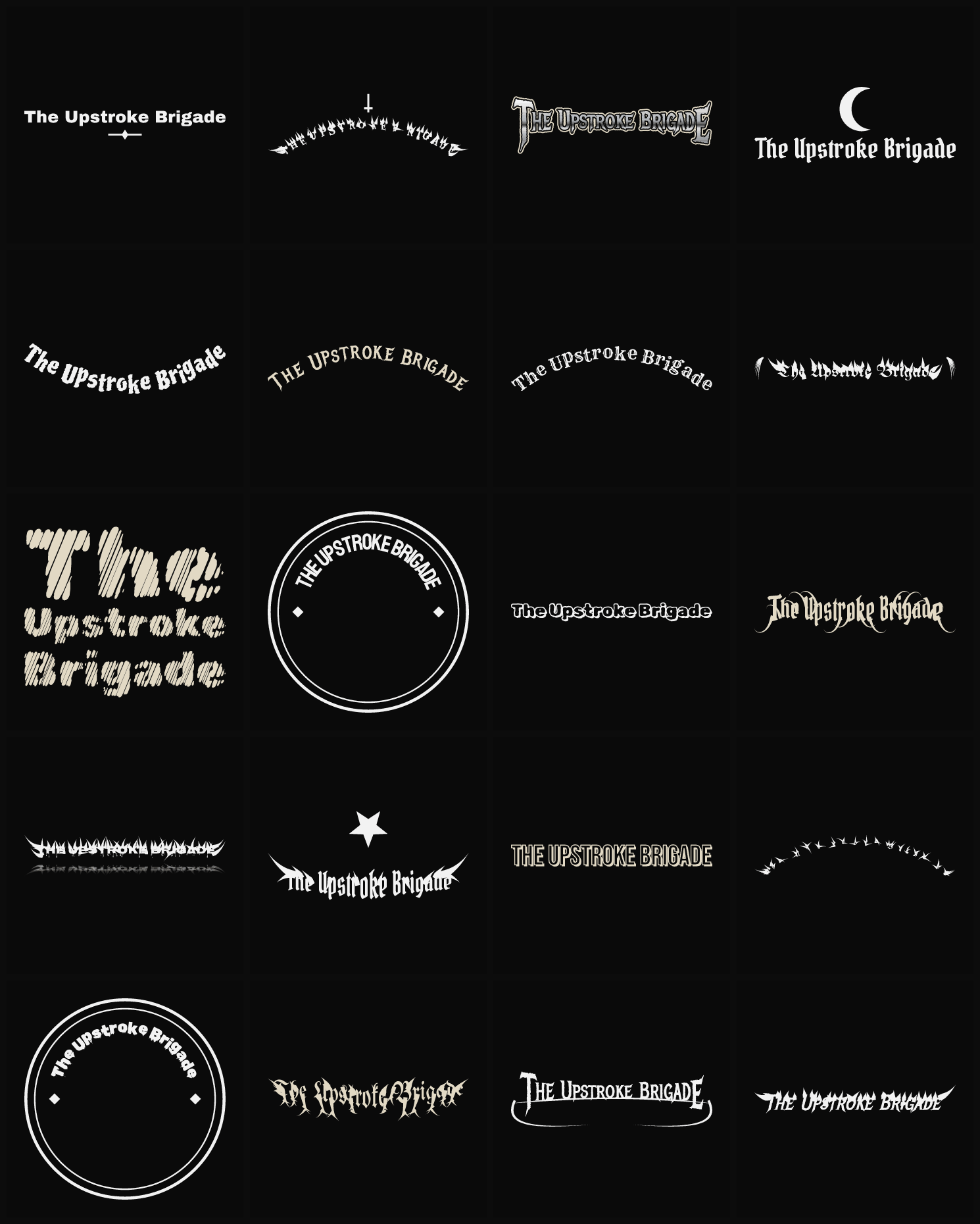 Twenty The Upstroke Brigade band logo ideas — different faces, treatments and spike settings