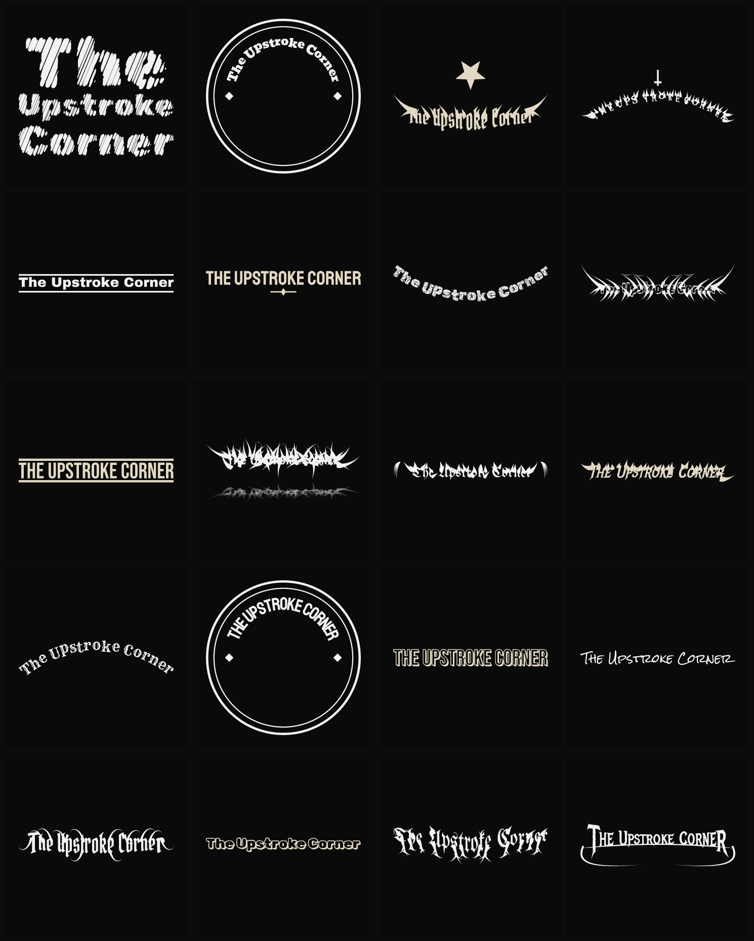 Twenty The Upstroke Corner band logo ideas — different faces, treatments and spike settings