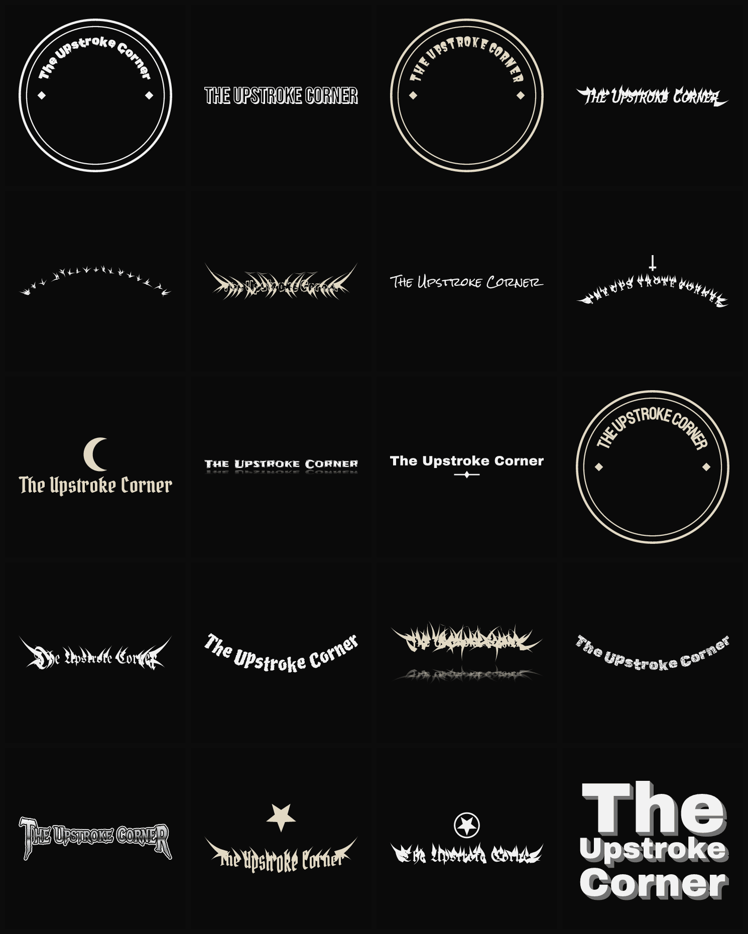 Twenty The Upstroke Corner band logo ideas — different faces, treatments and spike settings