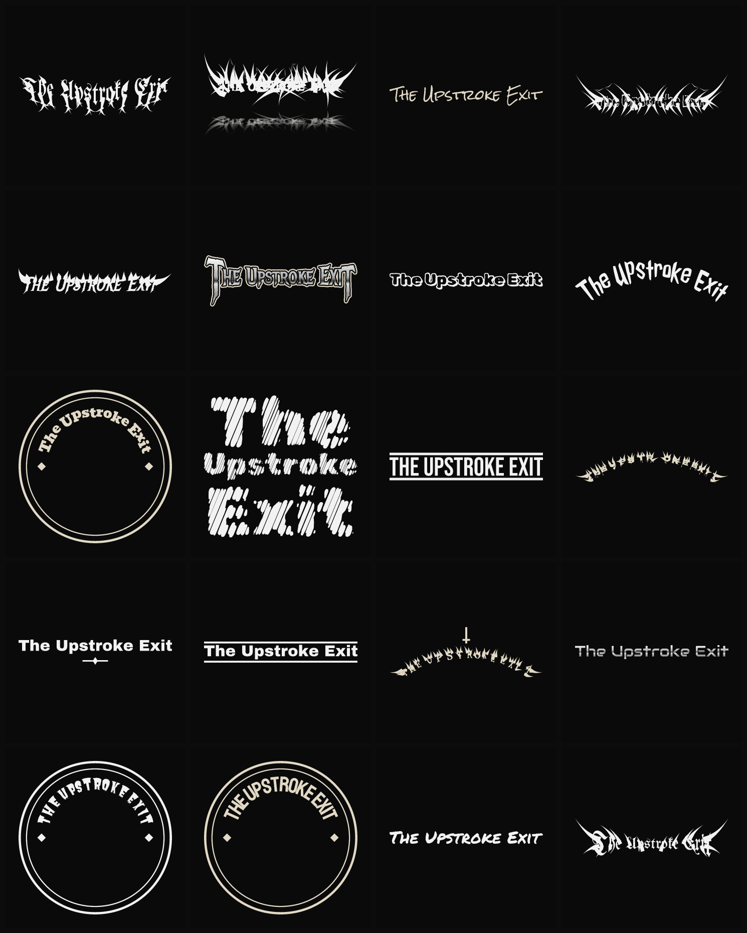 Twenty The Upstroke Exit band logo ideas — different faces, treatments and spike settings
