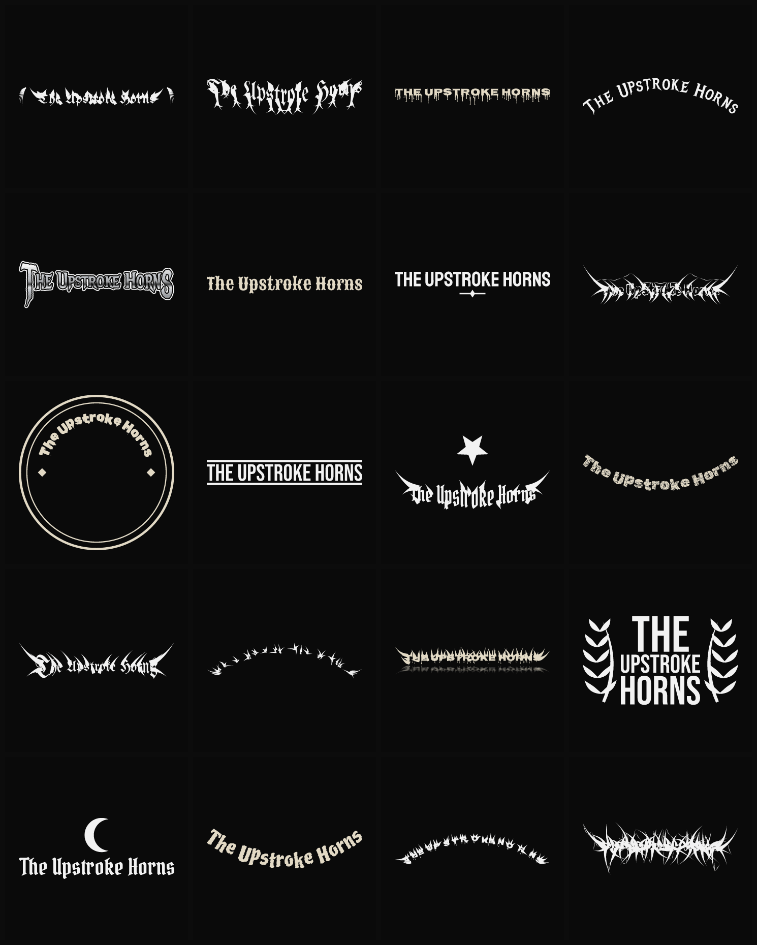 Twenty The Upstroke Horns band logo ideas — different faces, treatments and spike settings
