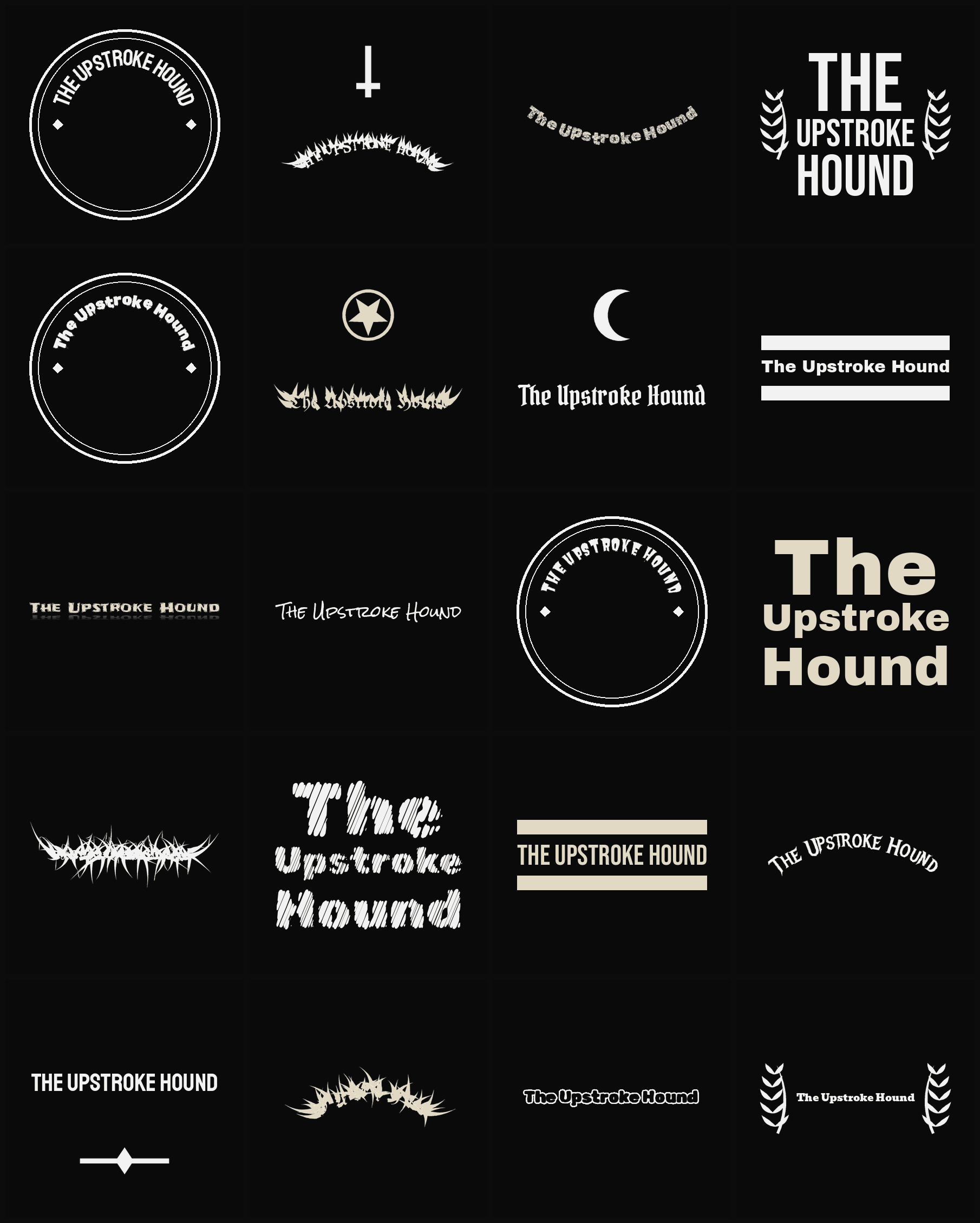 Twenty The Upstroke Hound band logo ideas — different faces, treatments and spike settings