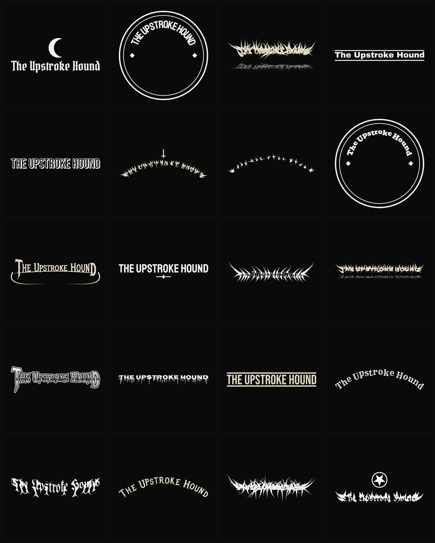 Twenty The Upstroke Hound band logo ideas — different faces, treatments and spike settings