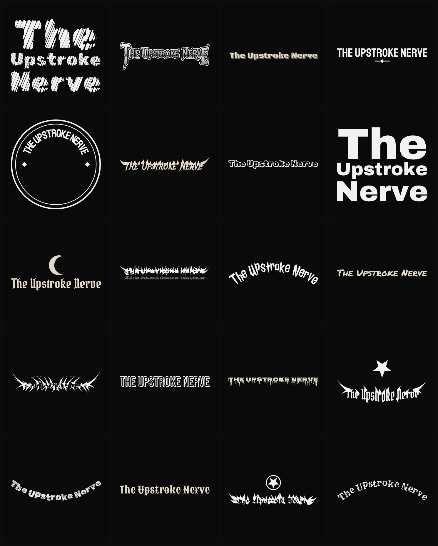 Twenty The Upstroke Nerve band logo ideas — different faces, treatments and spike settings