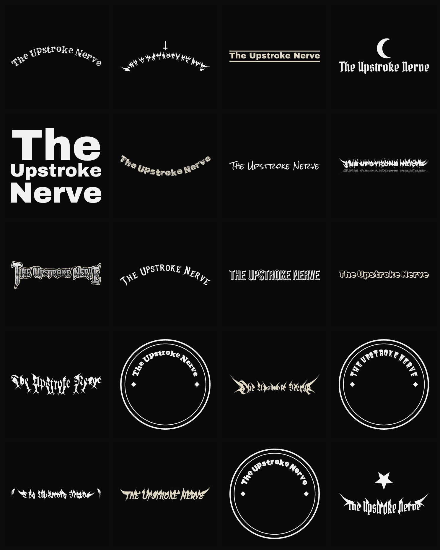 Twenty The Upstroke Nerve band logo ideas — different faces, treatments and spike settings