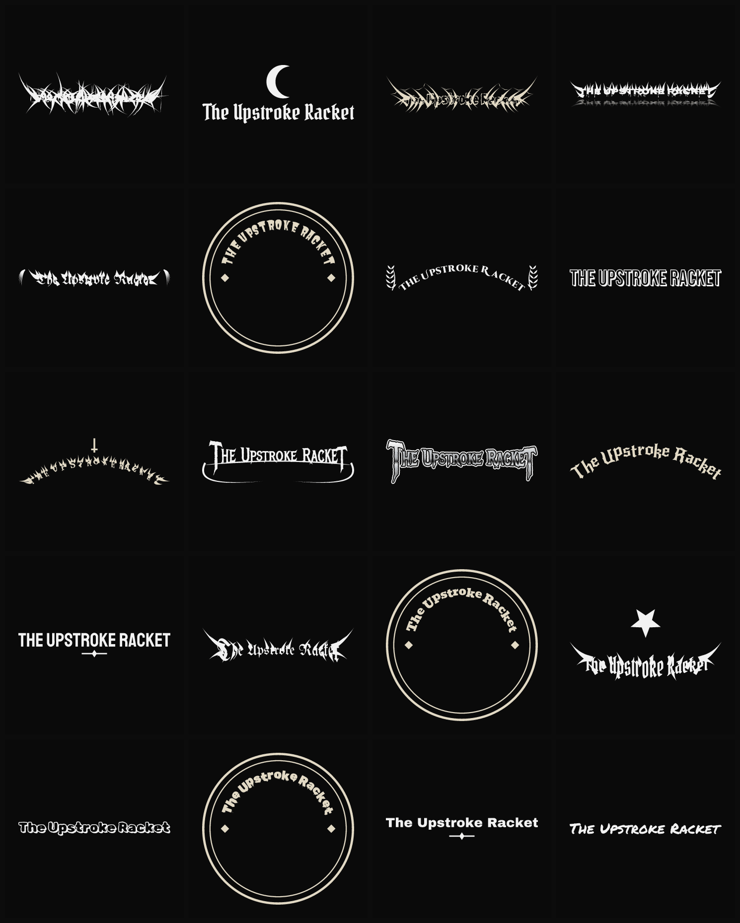 Twenty The Upstroke Racket band logo ideas — different faces, treatments and spike settings