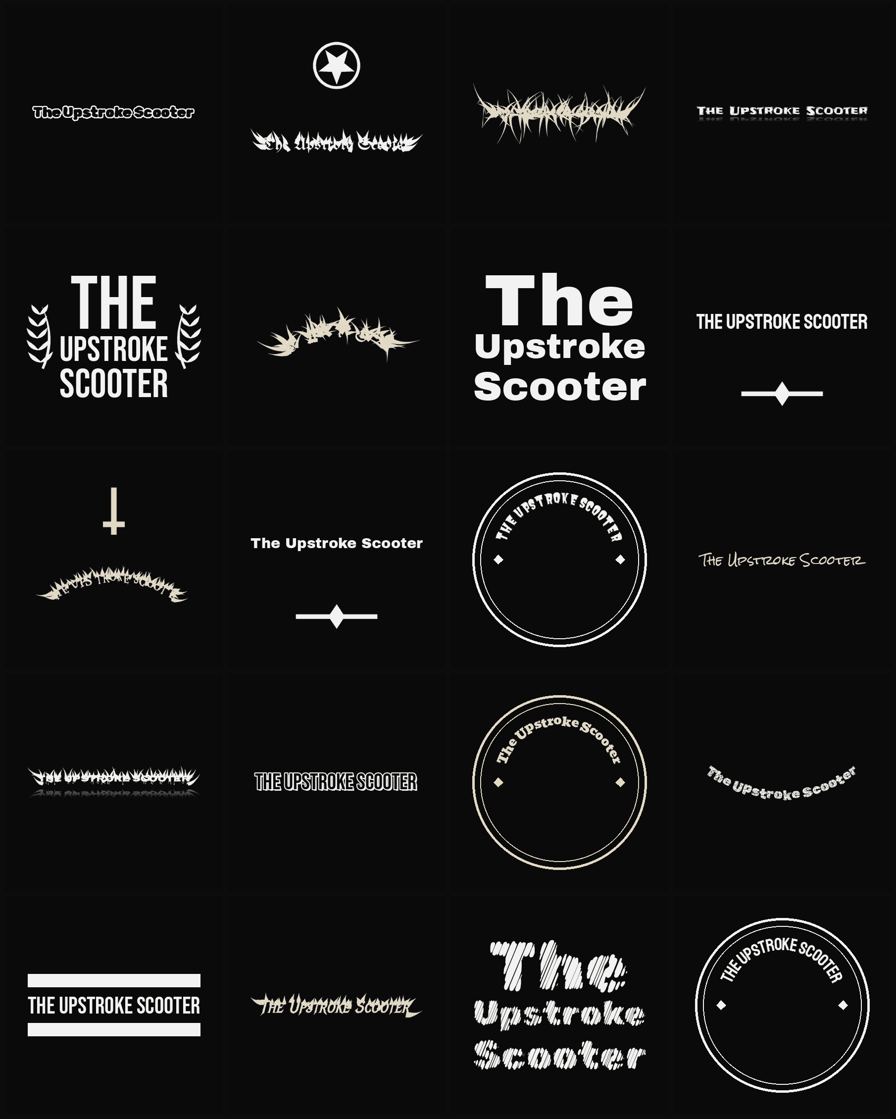 Twenty The Upstroke Scooter band logo ideas — different faces, treatments and spike settings
