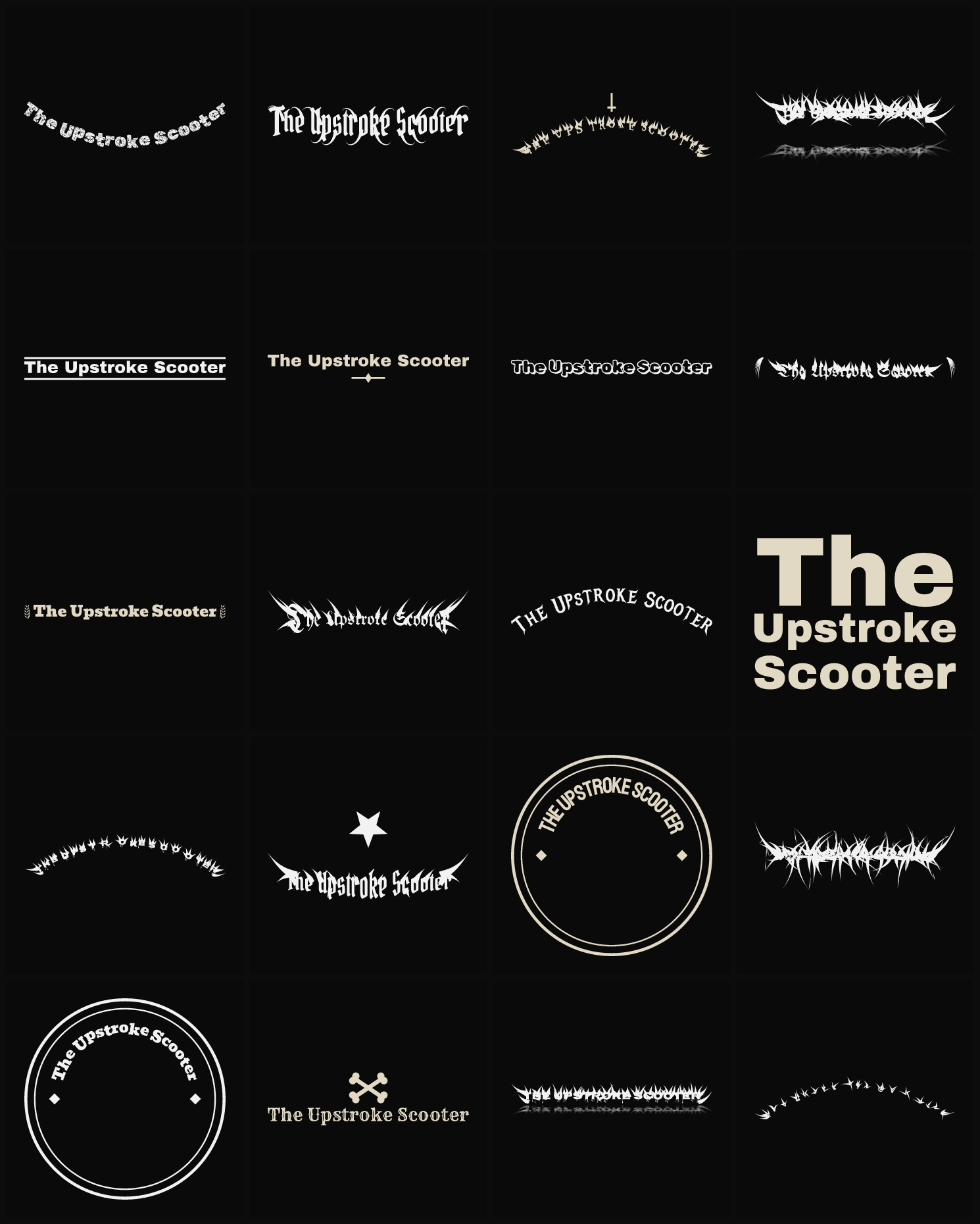 Twenty The Upstroke Scooter band logo ideas — different faces, treatments and spike settings
