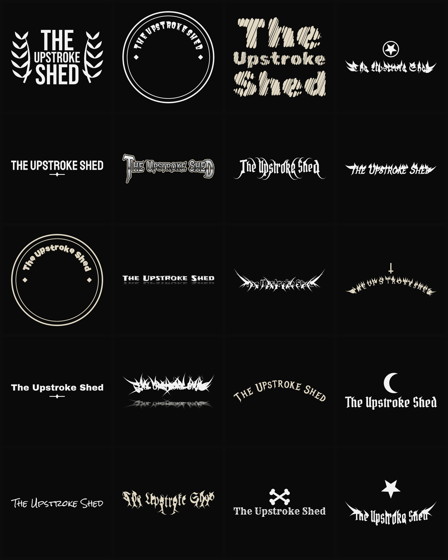 Twenty The Upstroke Shed band logo ideas — different faces, treatments and spike settings