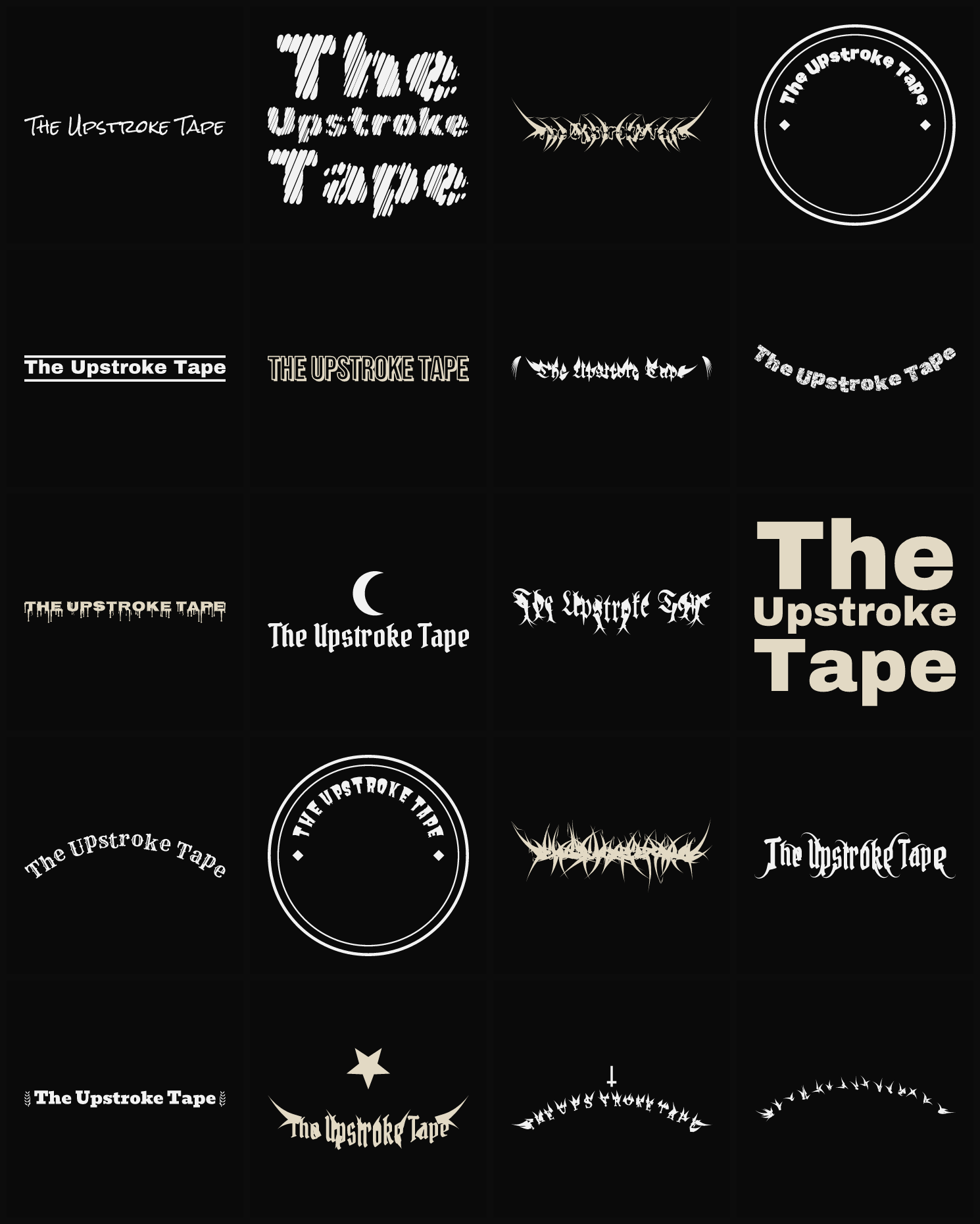 Twenty The Upstroke Tape band logo ideas — different faces, treatments and spike settings