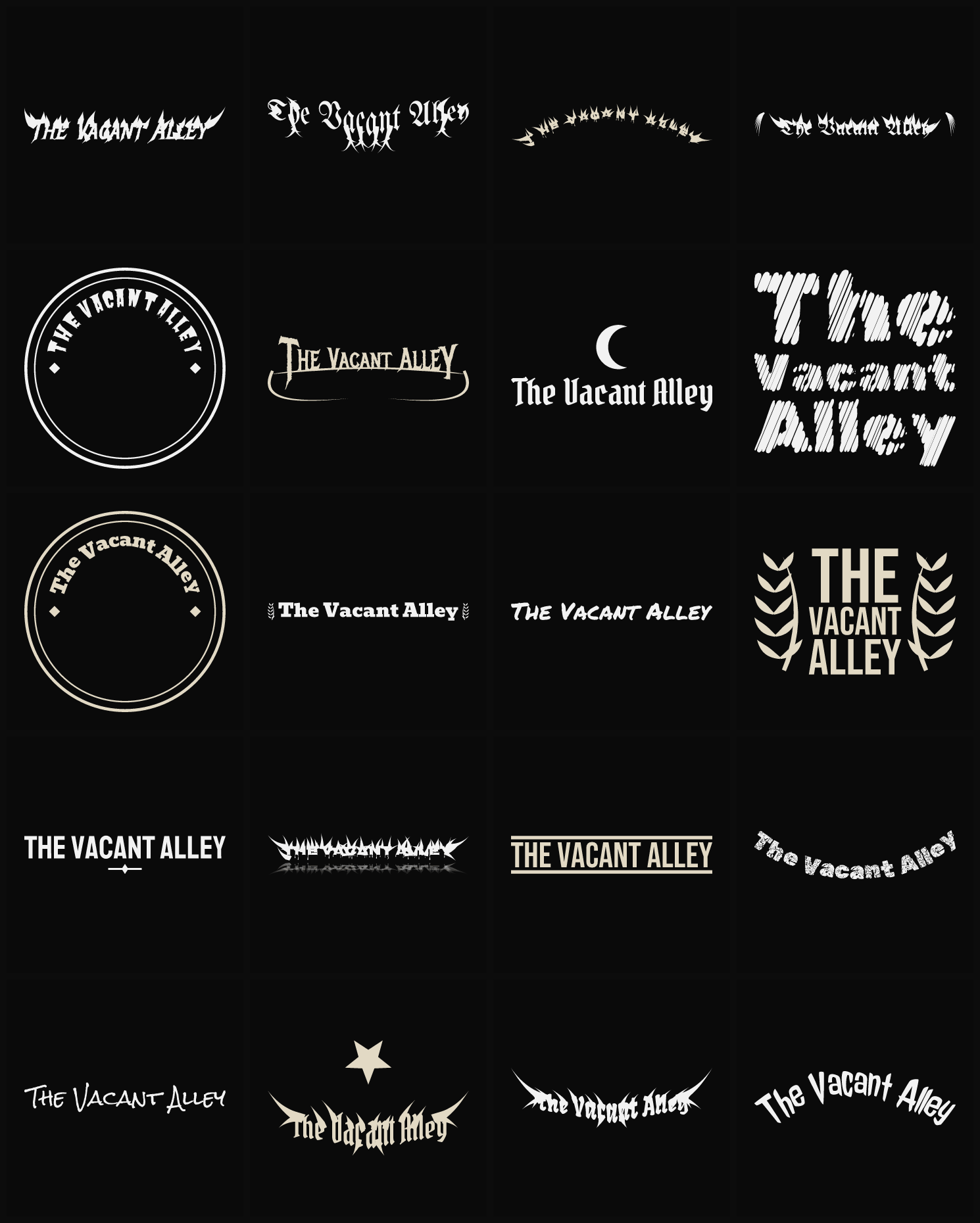Twenty The Vacant Alley band logo ideas — different faces, treatments and spike settings