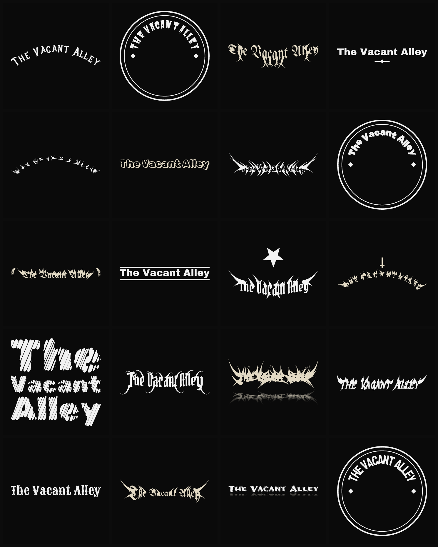 Twenty The Vacant Alley band logo ideas — different faces, treatments and spike settings