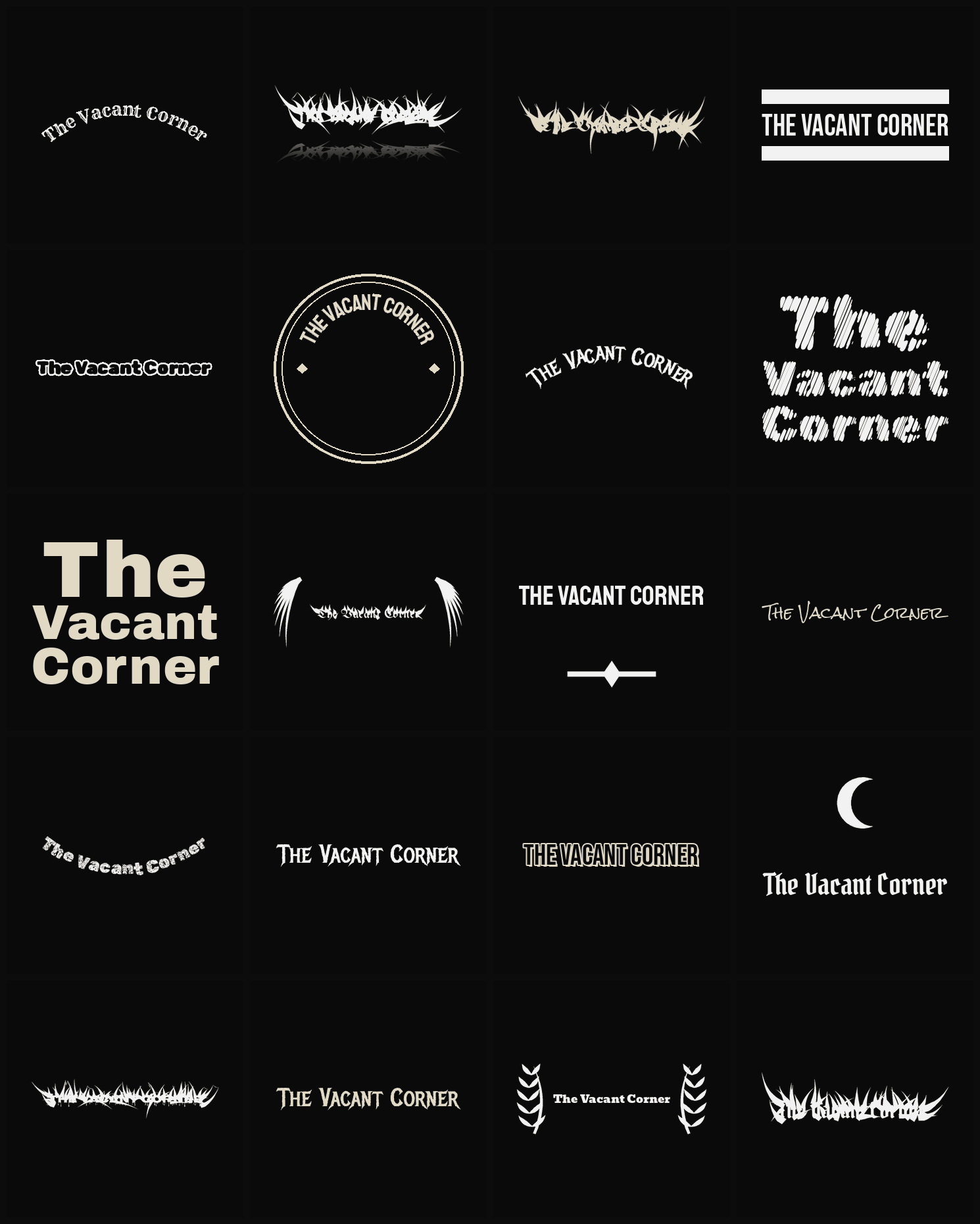 Twenty The Vacant Corner band logo ideas — different faces, treatments and spike settings
