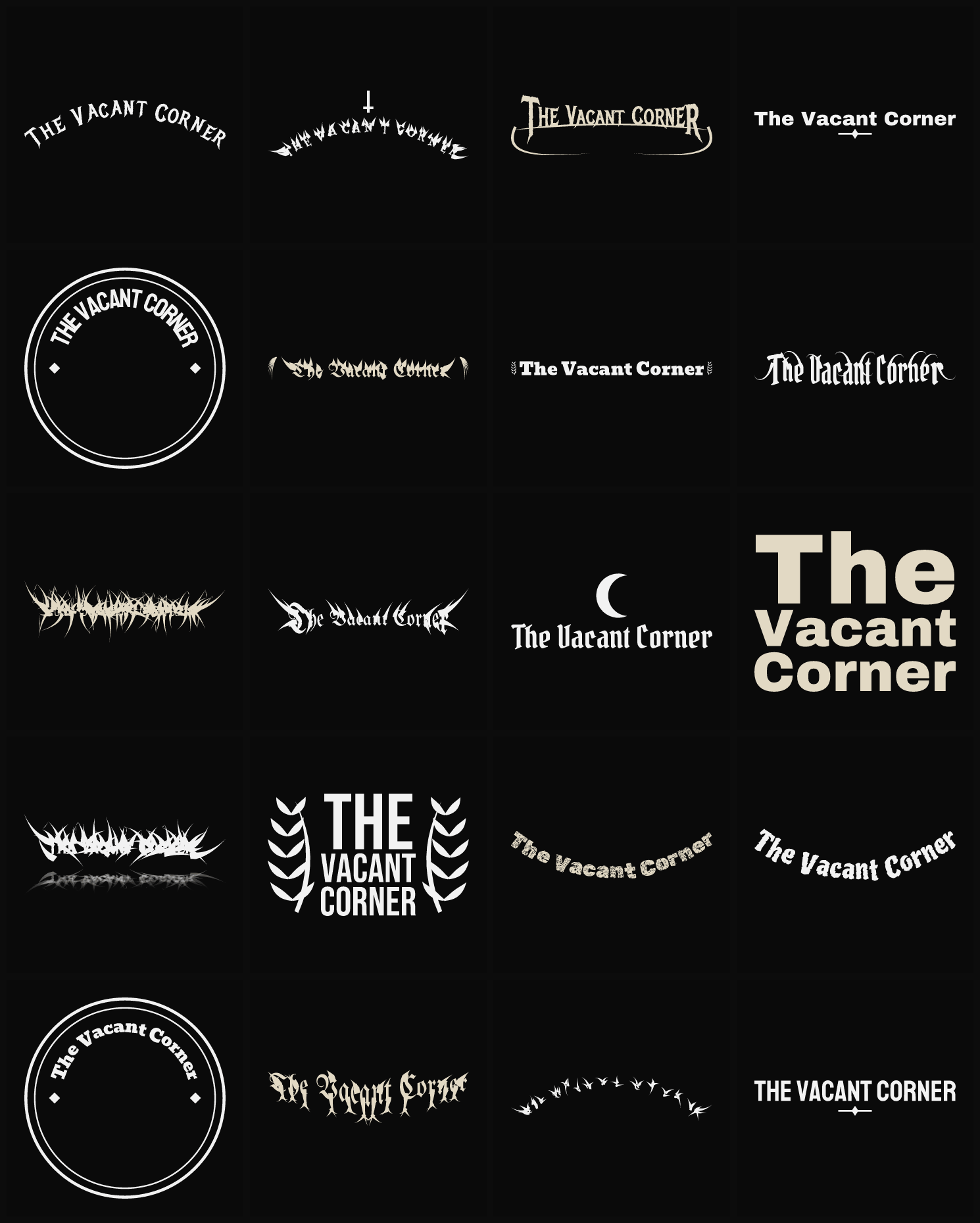 Twenty The Vacant Corner band logo ideas — different faces, treatments and spike settings