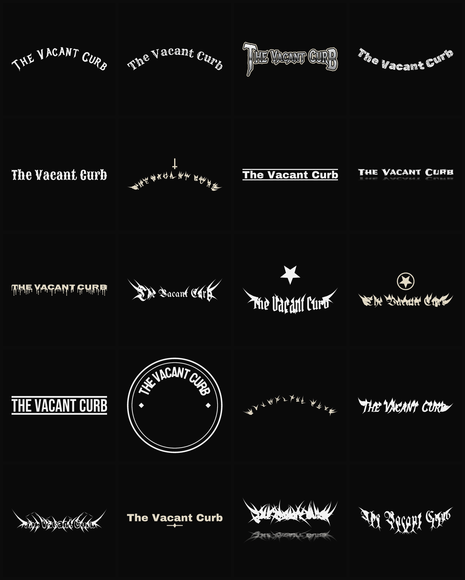 Twenty The Vacant Curb band logo ideas — different faces, treatments and spike settings
