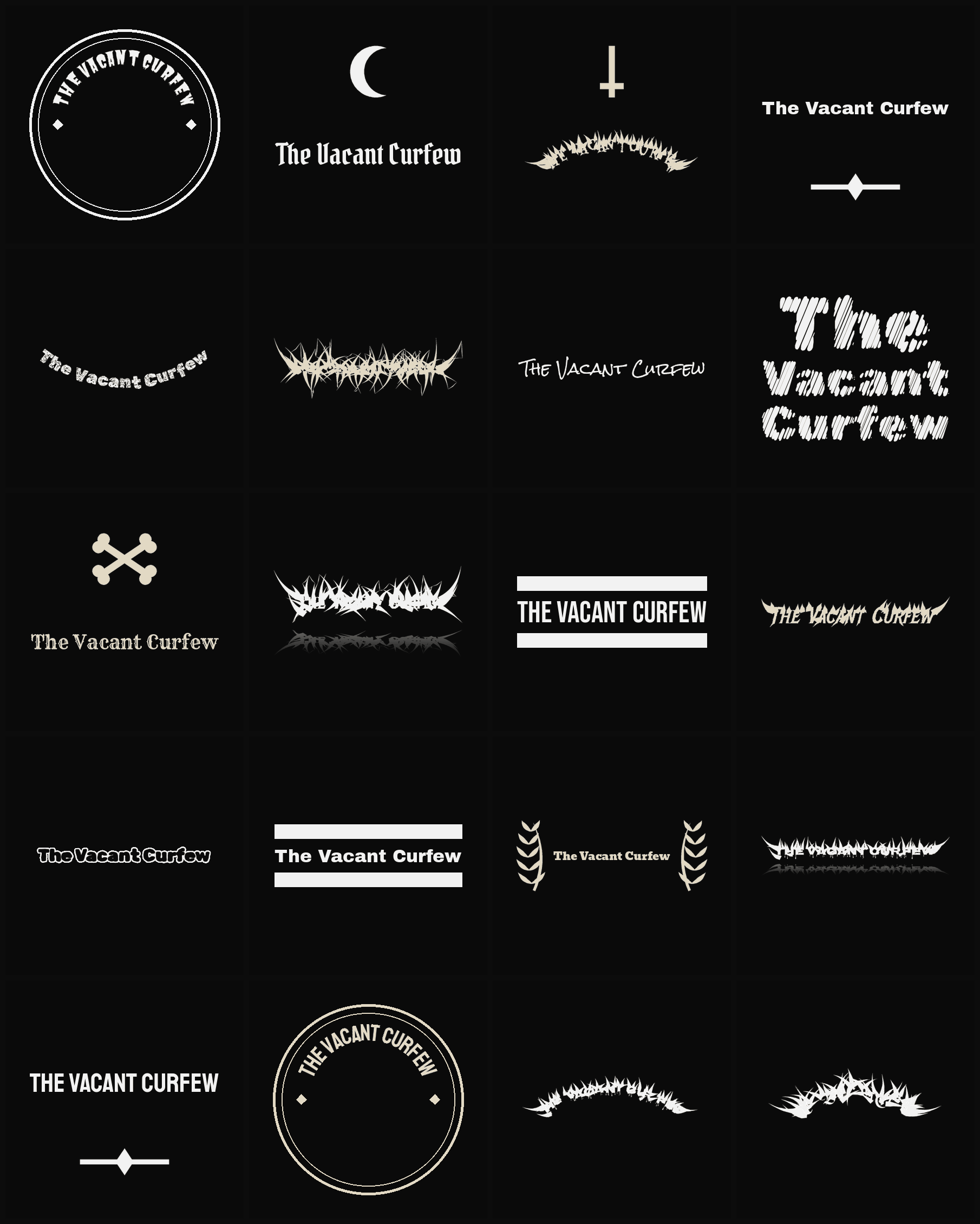 Twenty The Vacant Curfew band logo ideas — different faces, treatments and spike settings
