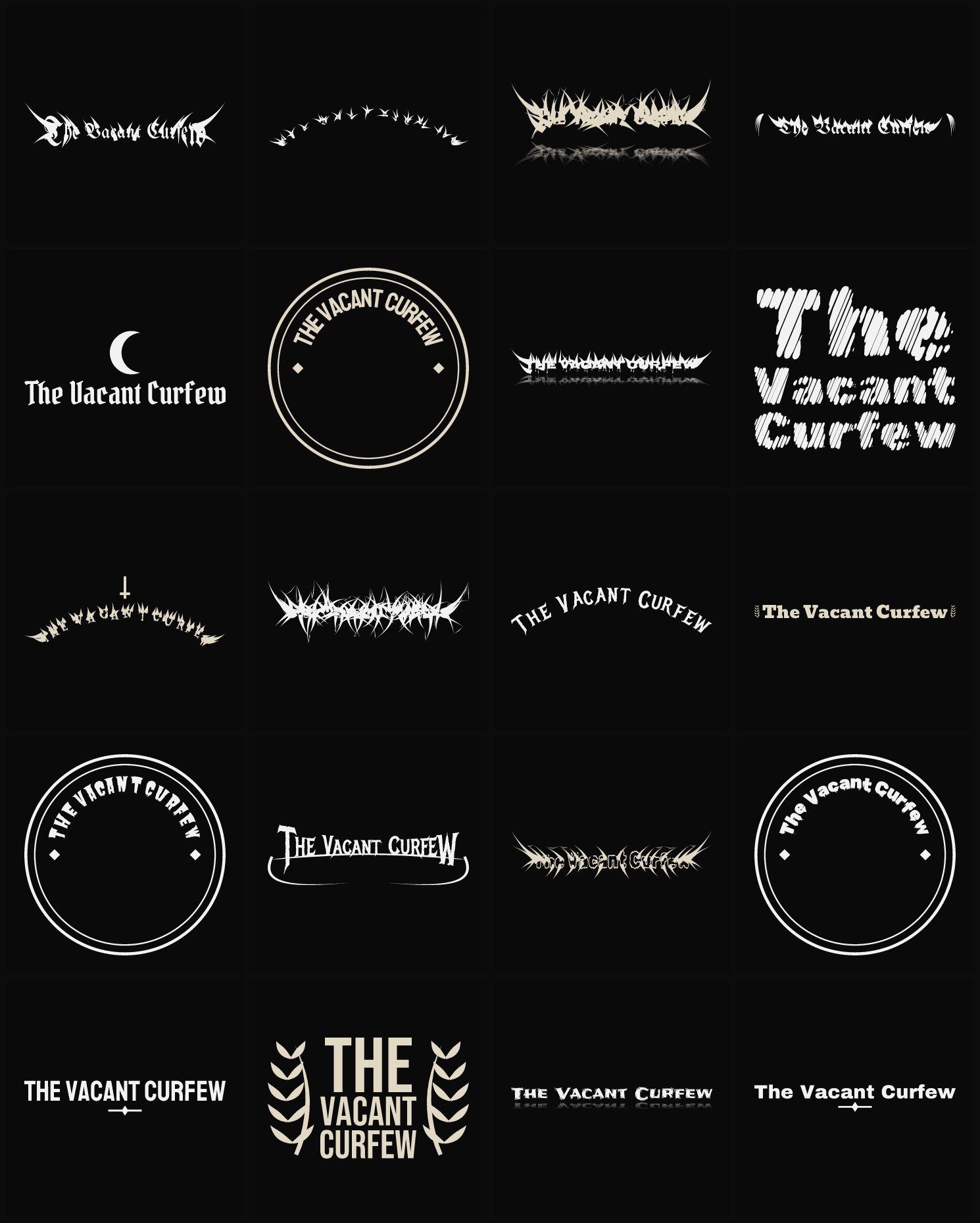 Twenty The Vacant Curfew band logo ideas — different faces, treatments and spike settings