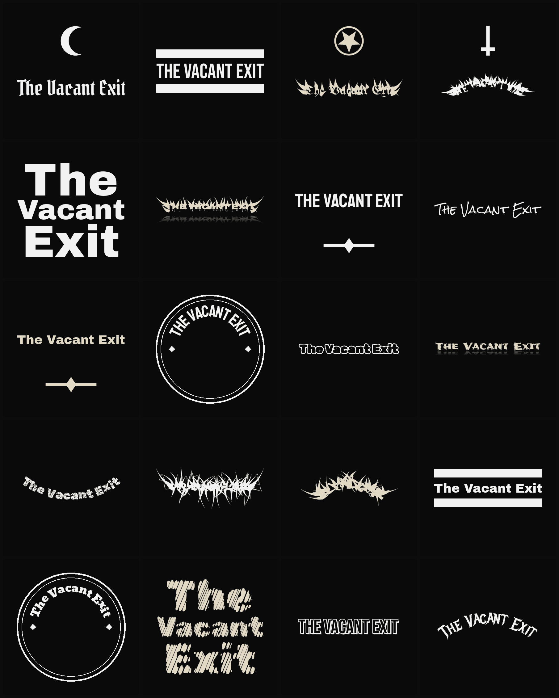 Twenty The Vacant Exit band logo ideas — different faces, treatments and spike settings