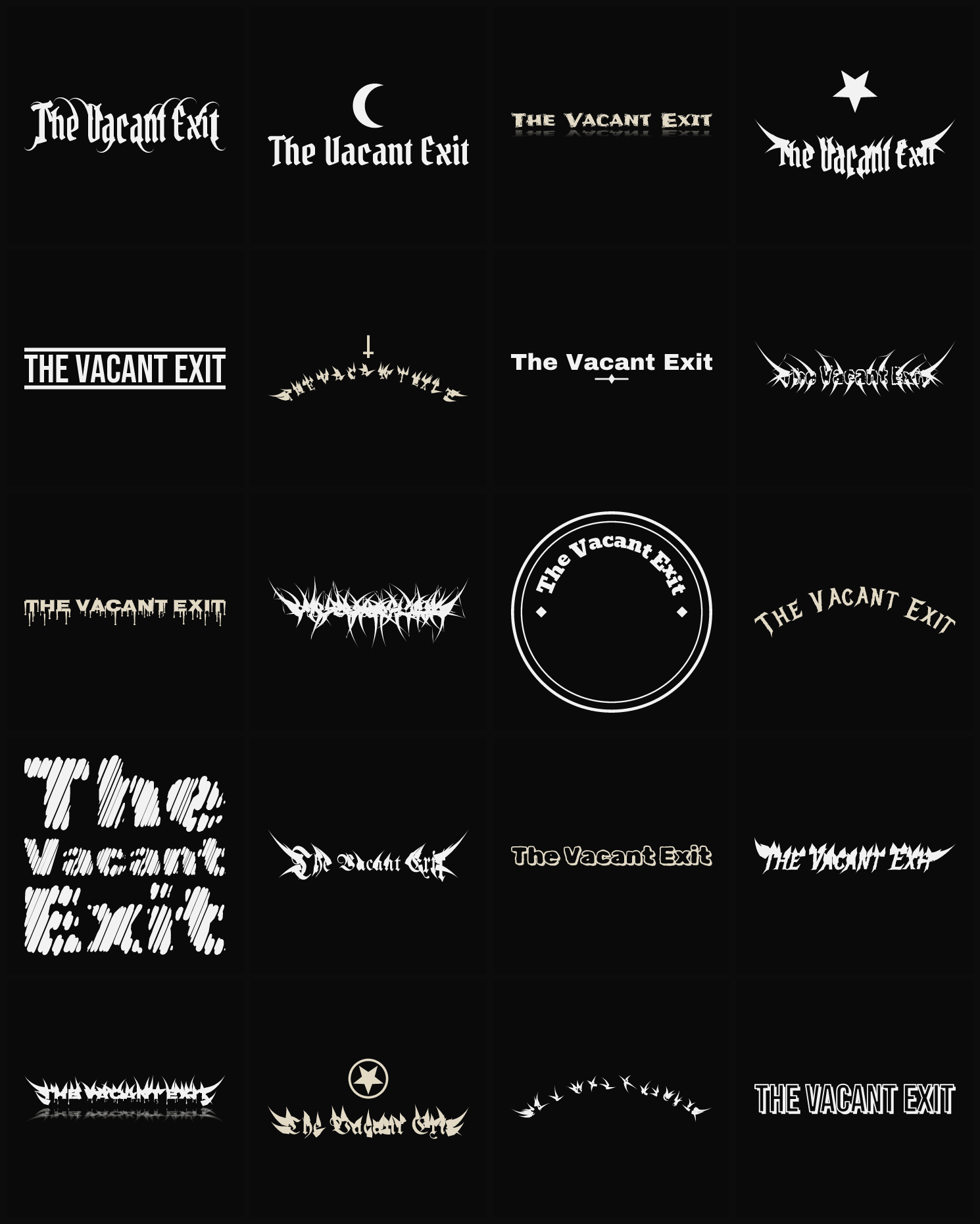 Twenty The Vacant Exit band logo ideas — different faces, treatments and spike settings