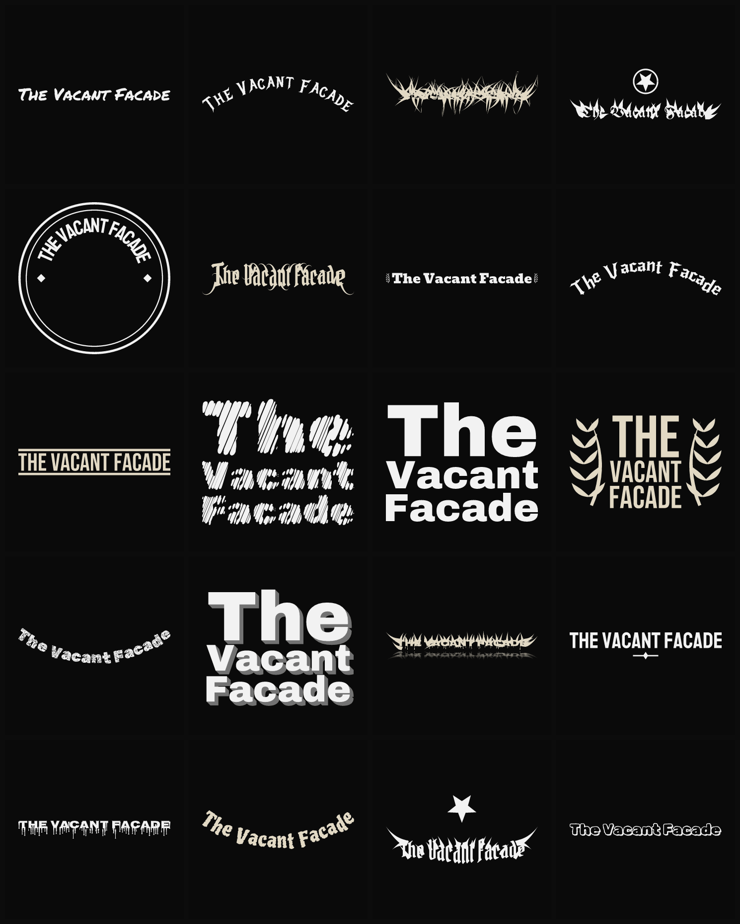 Twenty The Vacant Facade band logo ideas — different faces, treatments and spike settings
