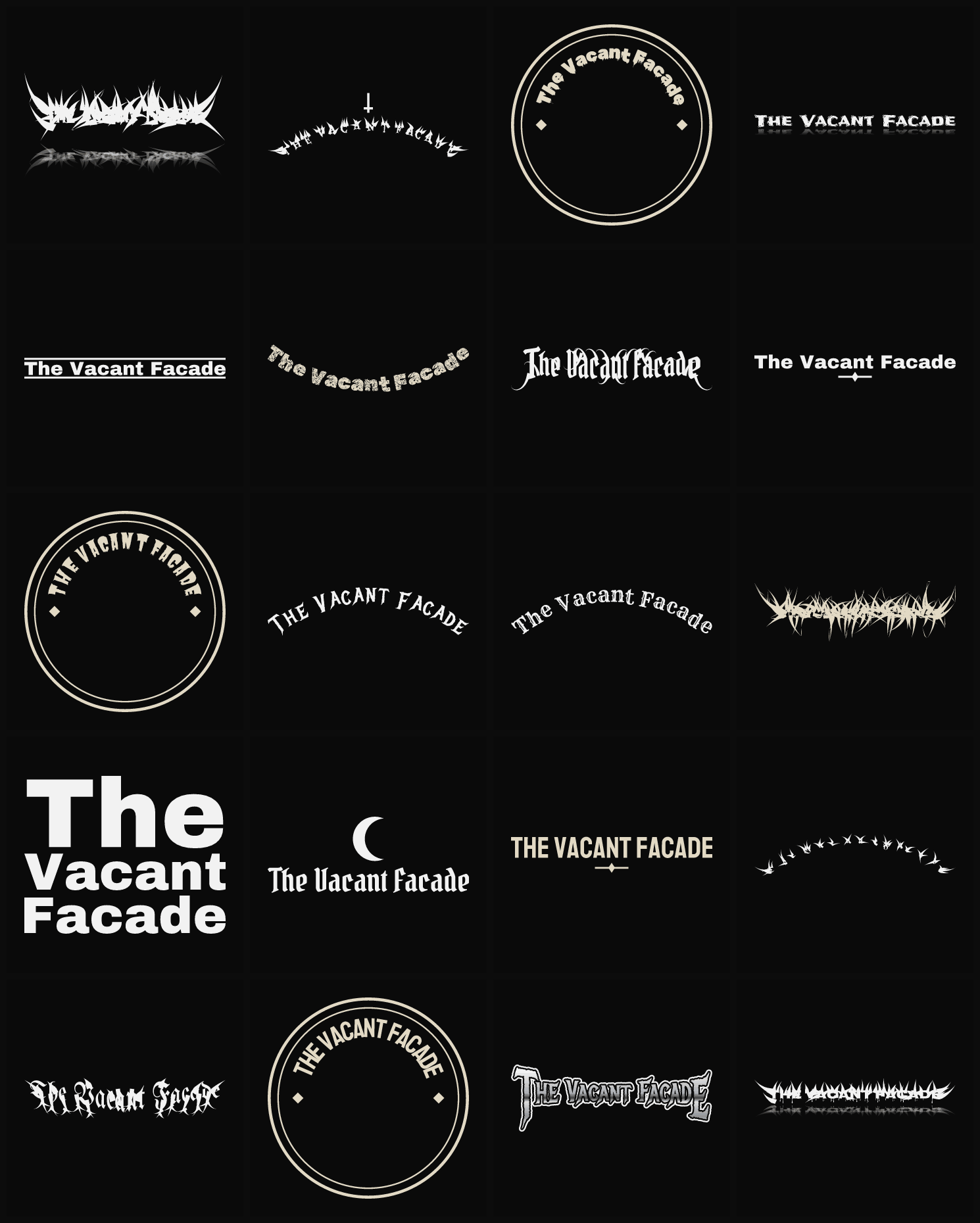 Twenty The Vacant Facade band logo ideas — different faces, treatments and spike settings