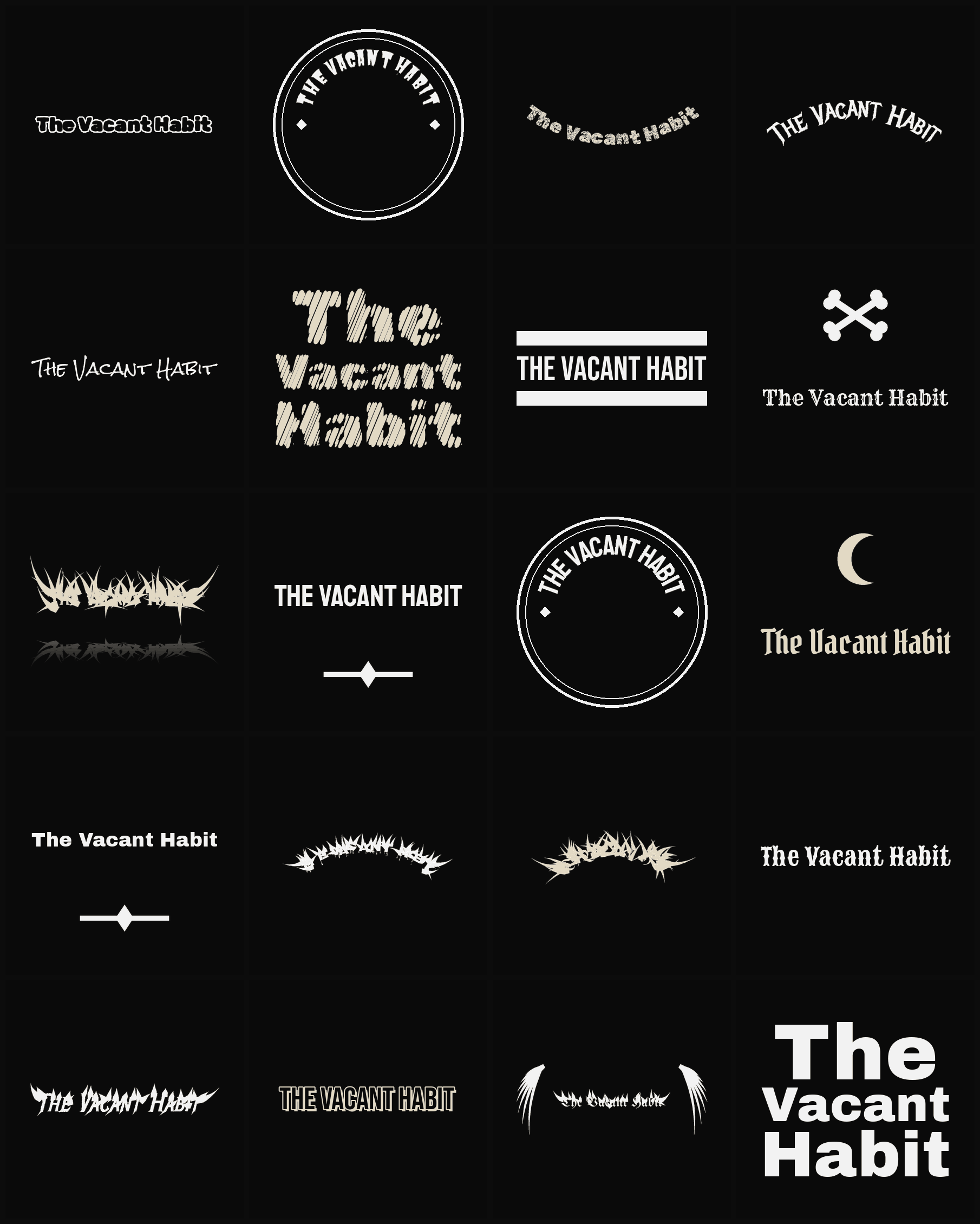 Twenty The Vacant Habit band logo ideas — different faces, treatments and spike settings