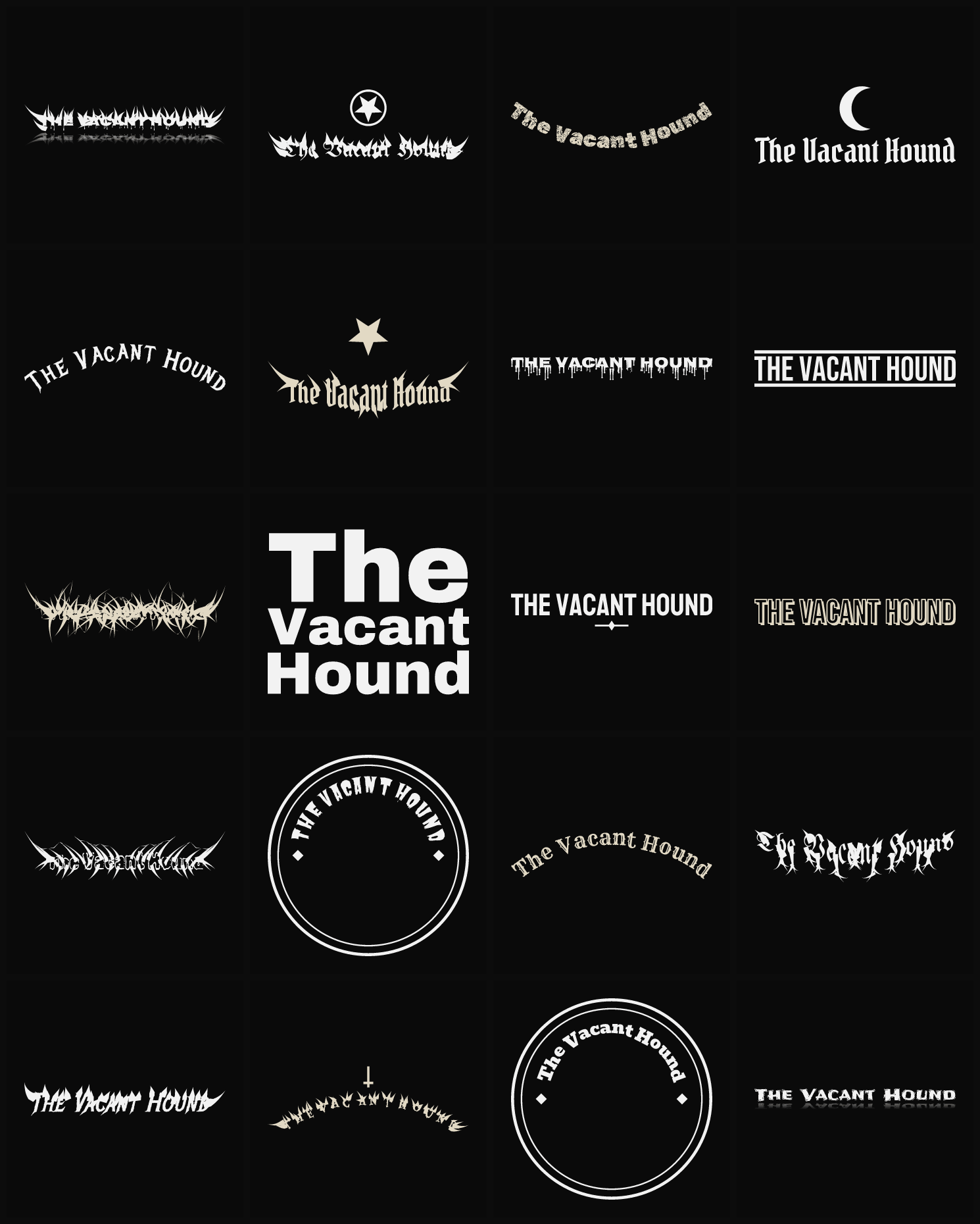 Twenty The Vacant Hound band logo ideas — different faces, treatments and spike settings