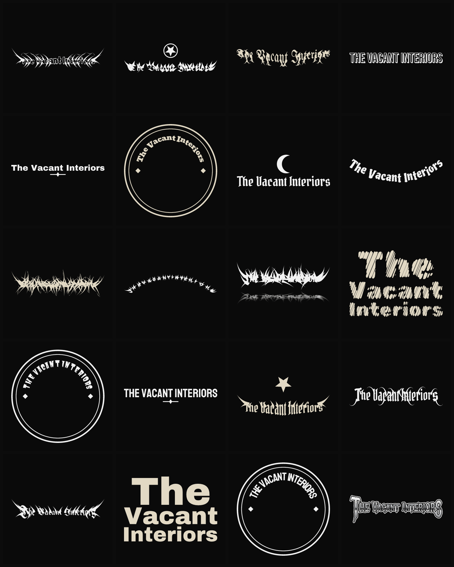 Twenty The Vacant Interiors band logo ideas — different faces, treatments and spike settings
