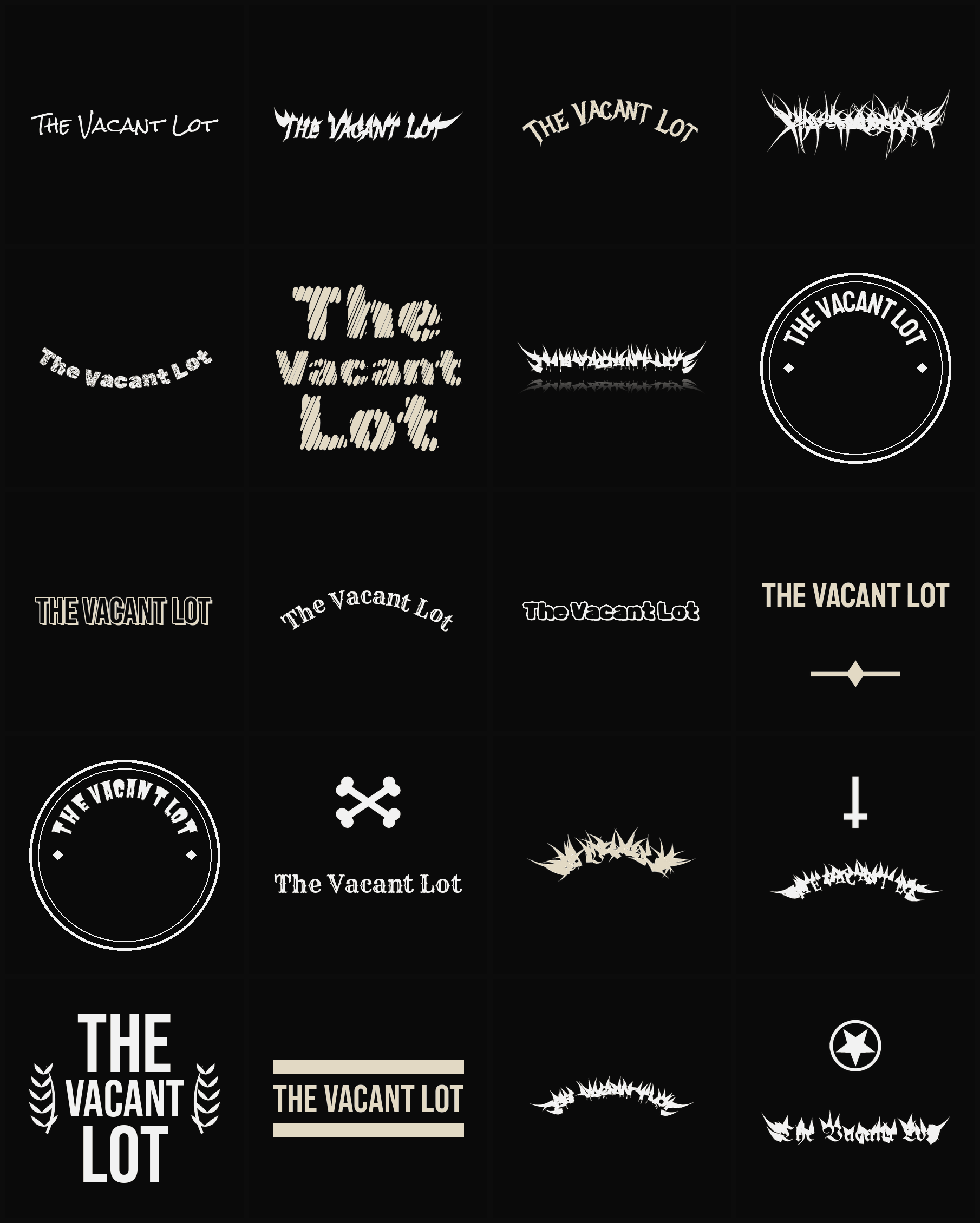 Twenty The Vacant Lot band logo ideas — different faces, treatments and spike settings