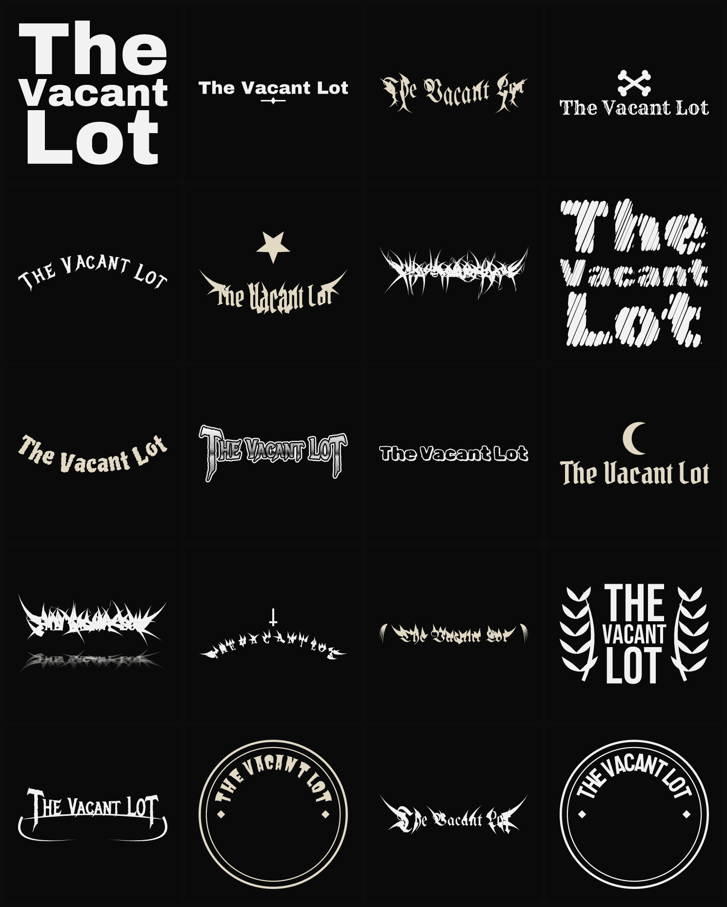 Twenty The Vacant Lot band logo ideas — different faces, treatments and spike settings