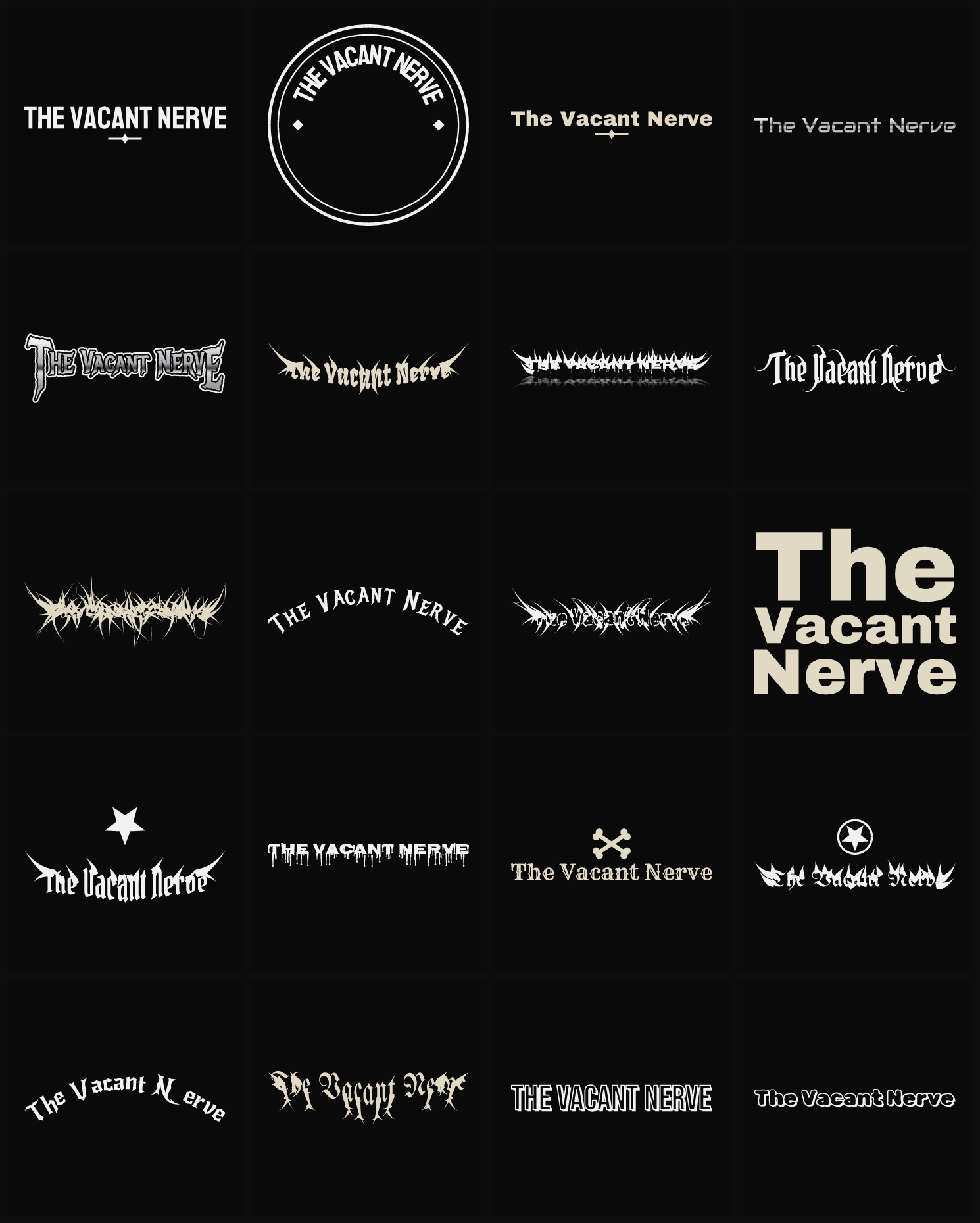 Twenty The Vacant Nerve band logo ideas — different faces, treatments and spike settings