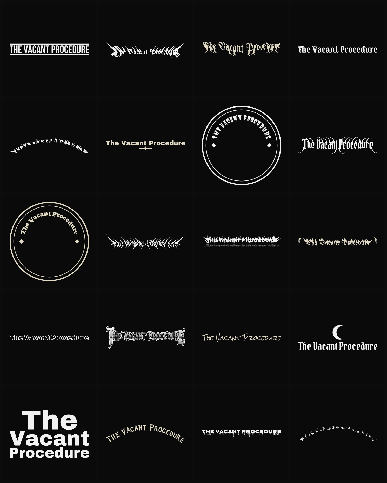 Twenty The Vacant Procedure band logo ideas — different faces, treatments and spike settings