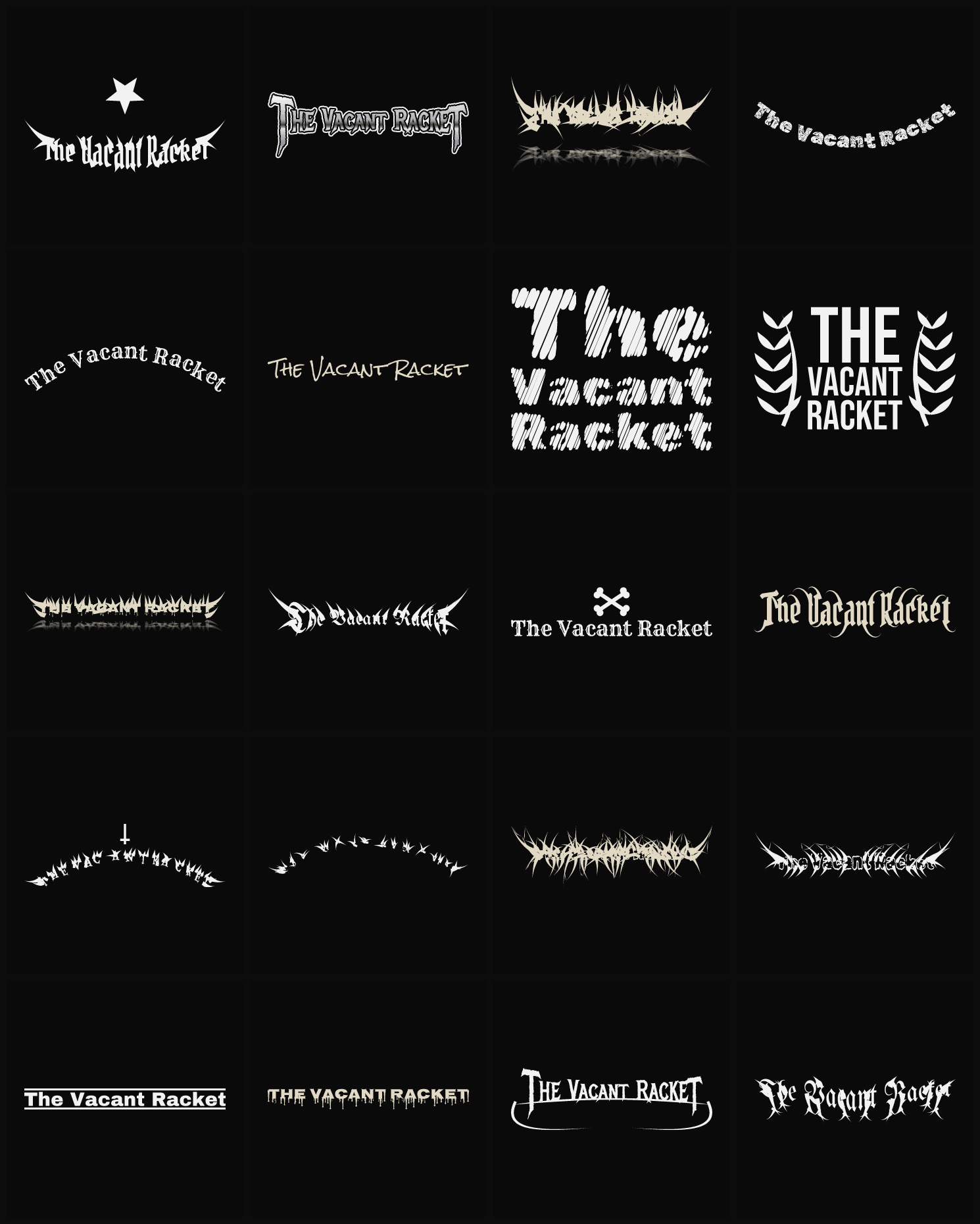 Twenty The Vacant Racket band logo ideas — different faces, treatments and spike settings