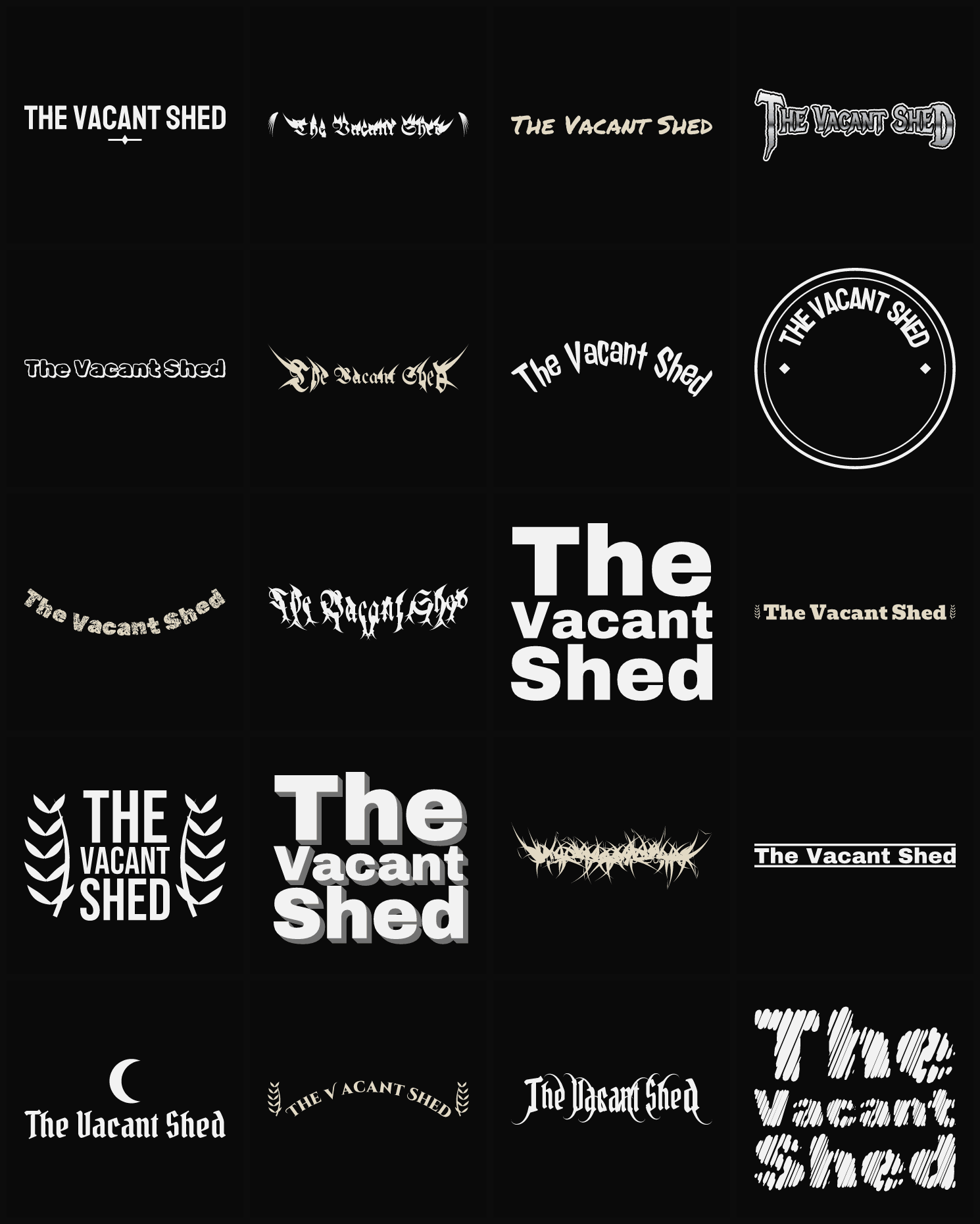 Twenty The Vacant Shed band logo ideas — different faces, treatments and spike settings