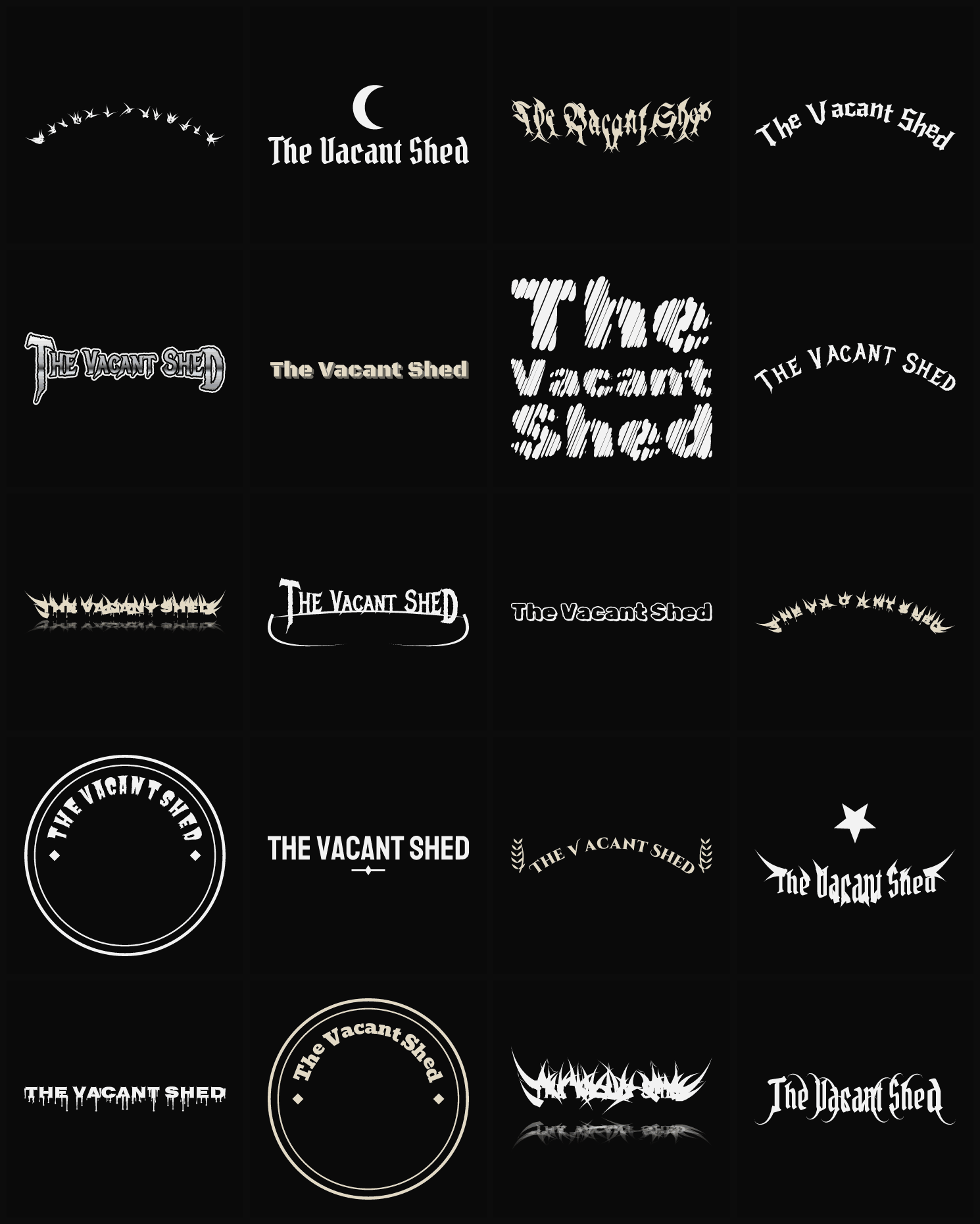Twenty The Vacant Shed band logo ideas — different faces, treatments and spike settings