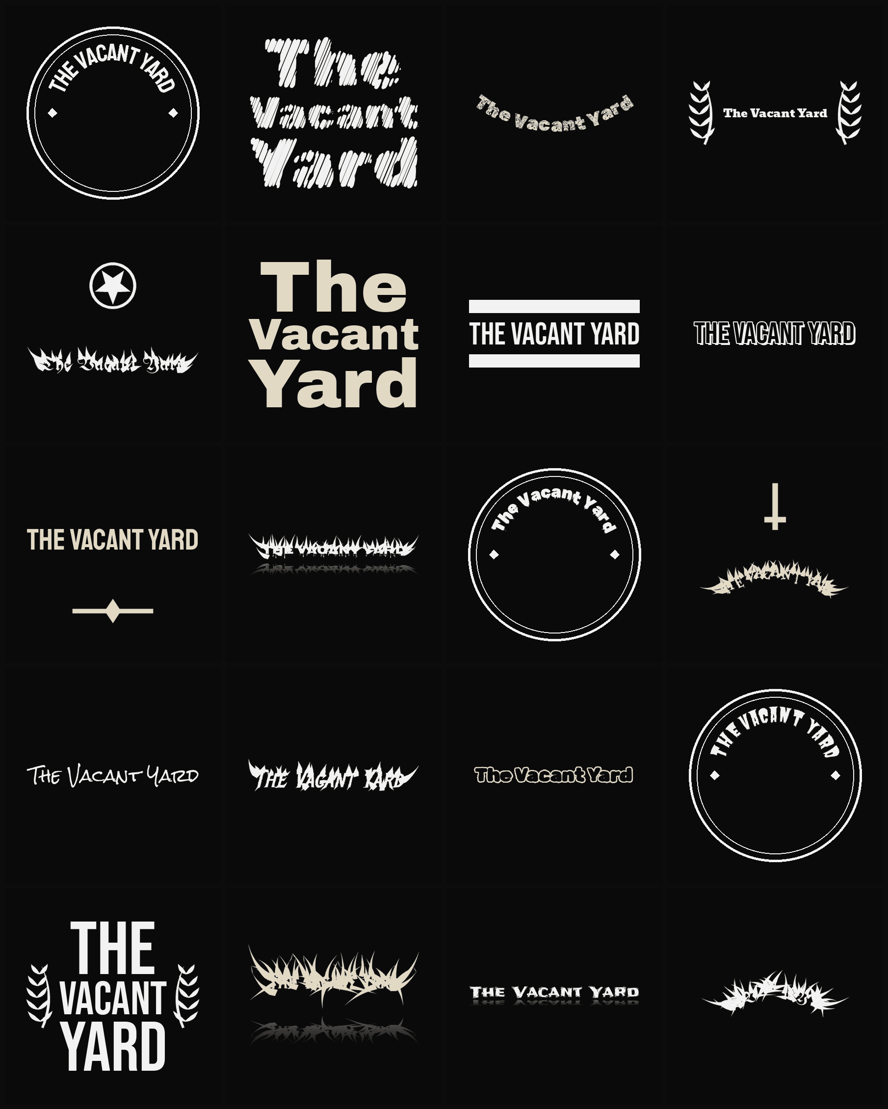 Twenty The Vacant Yard band logo ideas — different faces, treatments and spike settings