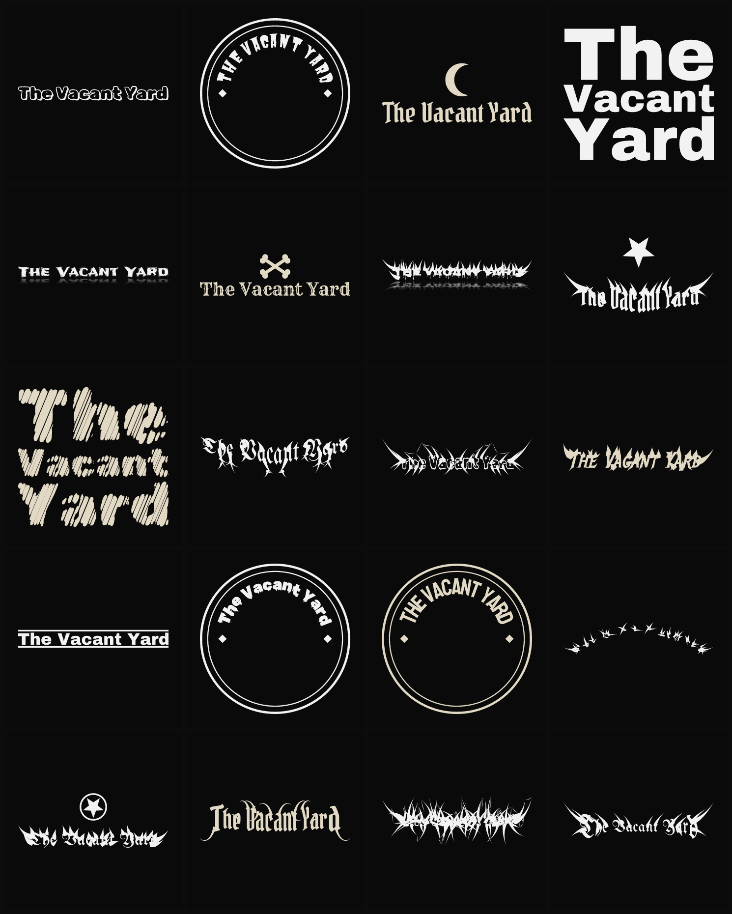 Twenty The Vacant Yard band logo ideas — different faces, treatments and spike settings