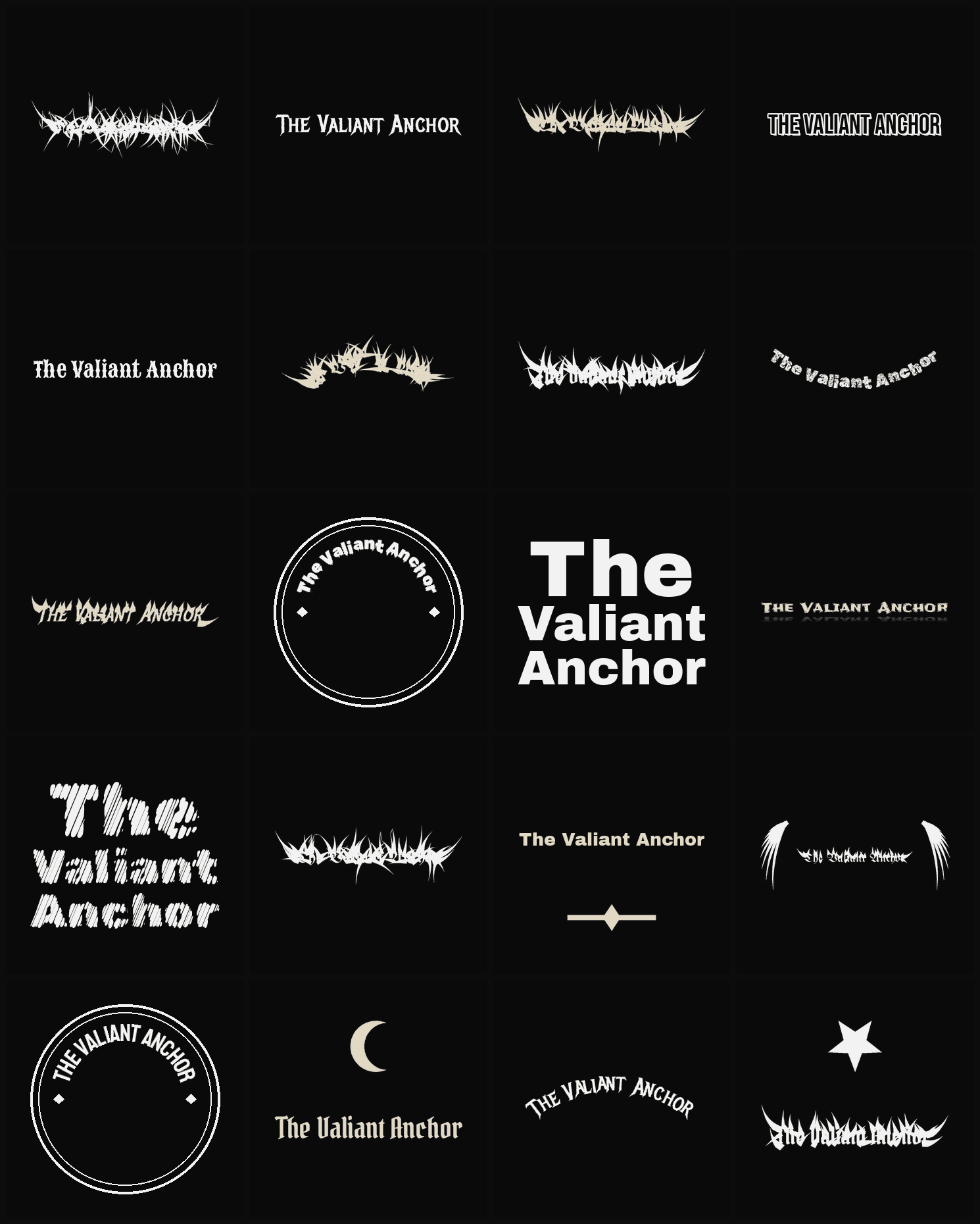 Twenty The Valiant Anchor band logo ideas — different faces, treatments and spike settings