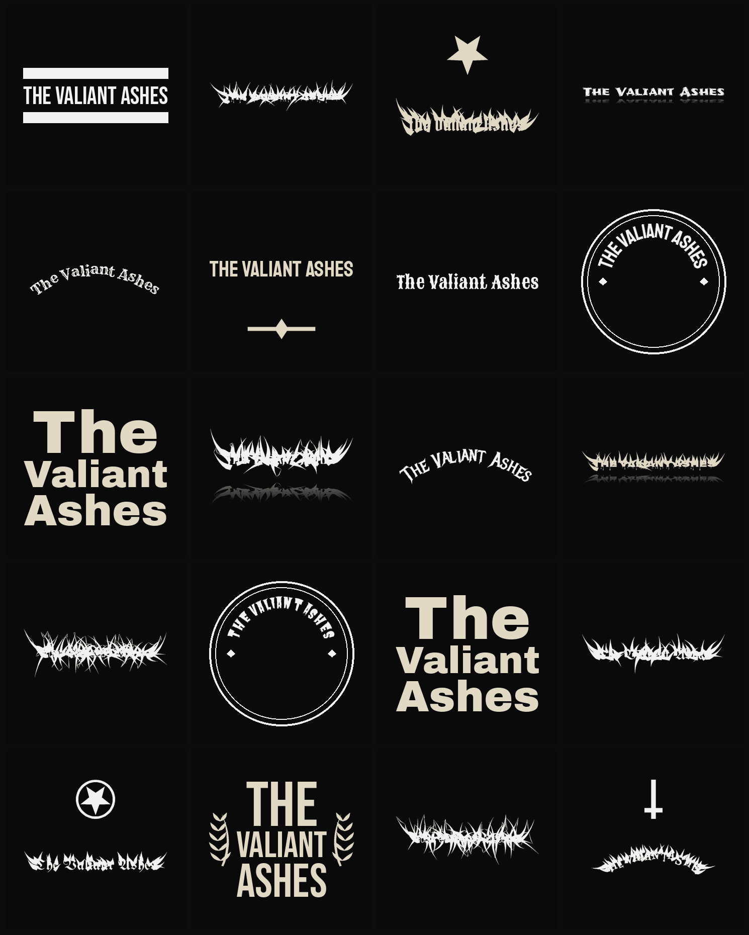 Twenty The Valiant Ashes band logo ideas — different faces, treatments and spike settings