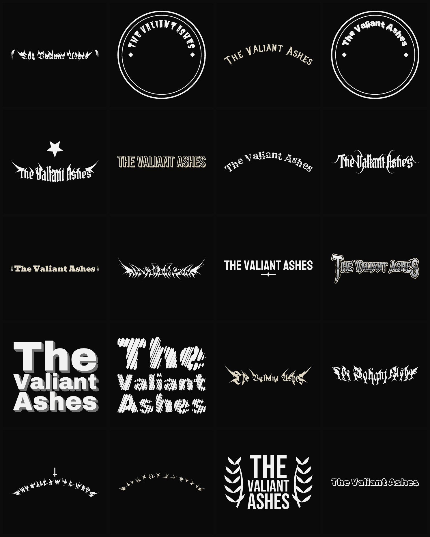 Twenty The Valiant Ashes band logo ideas — different faces, treatments and spike settings