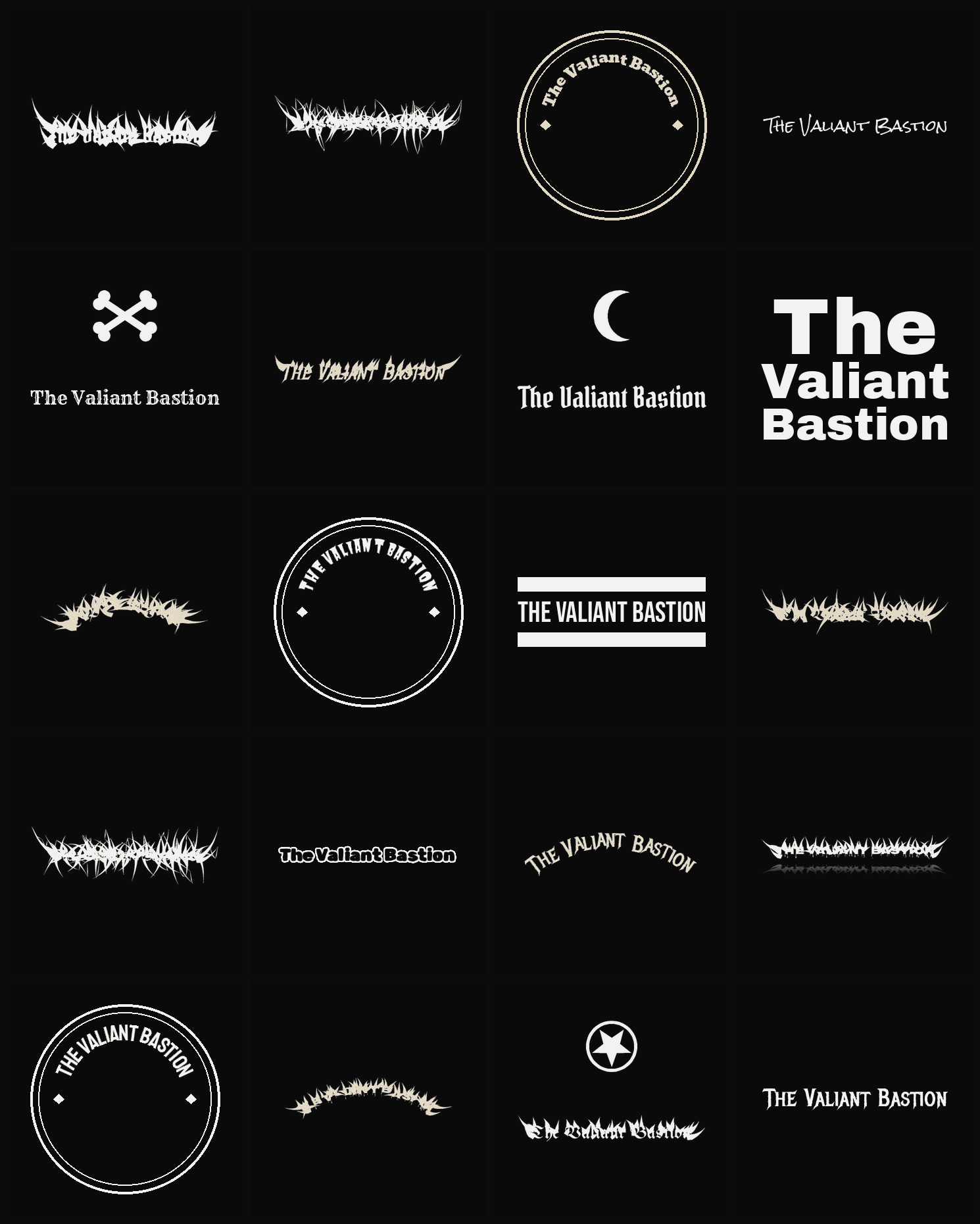 Twenty The Valiant Bastion band logo ideas — different faces, treatments and spike settings