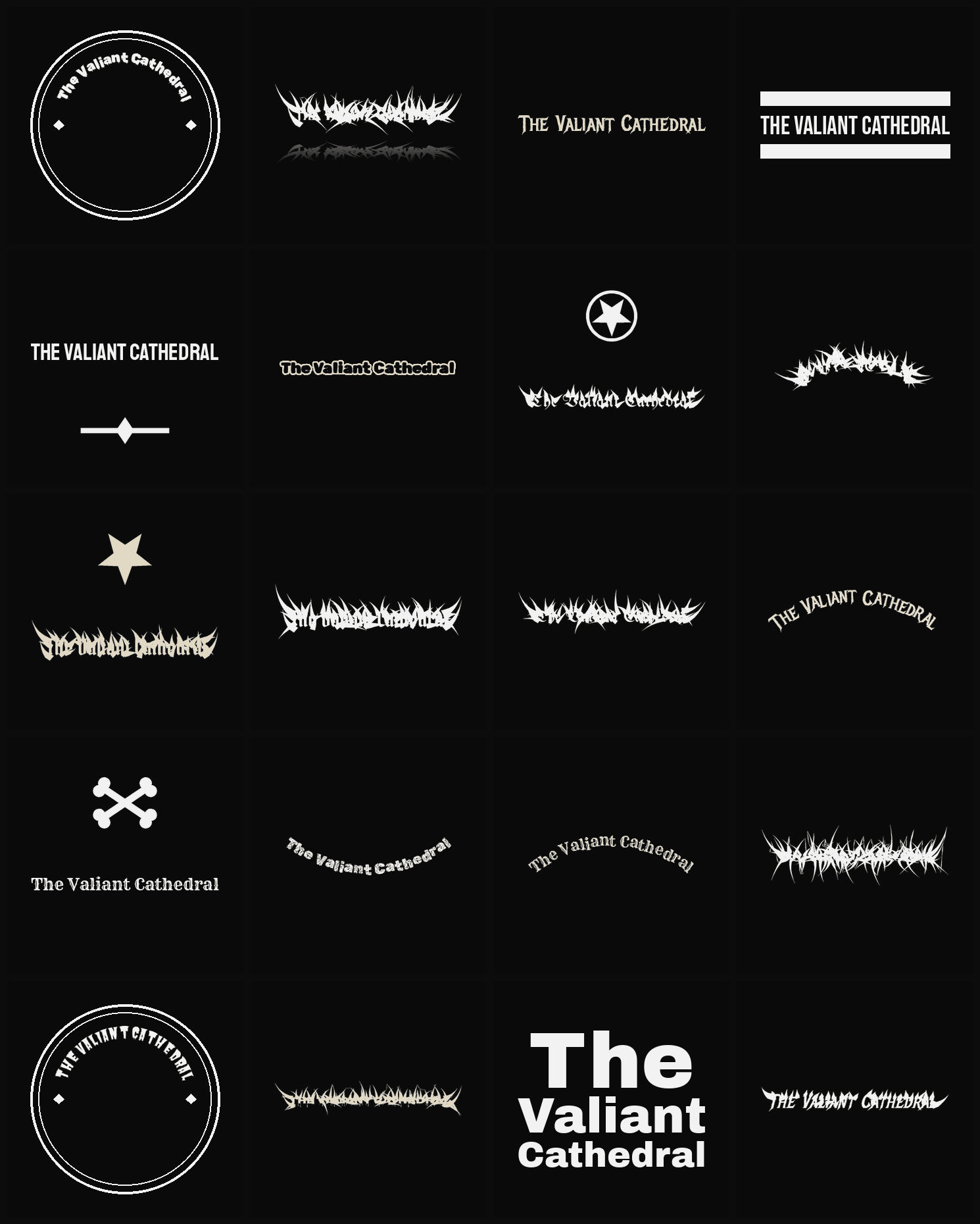 Twenty The Valiant Cathedral band logo ideas — different faces, treatments and spike settings