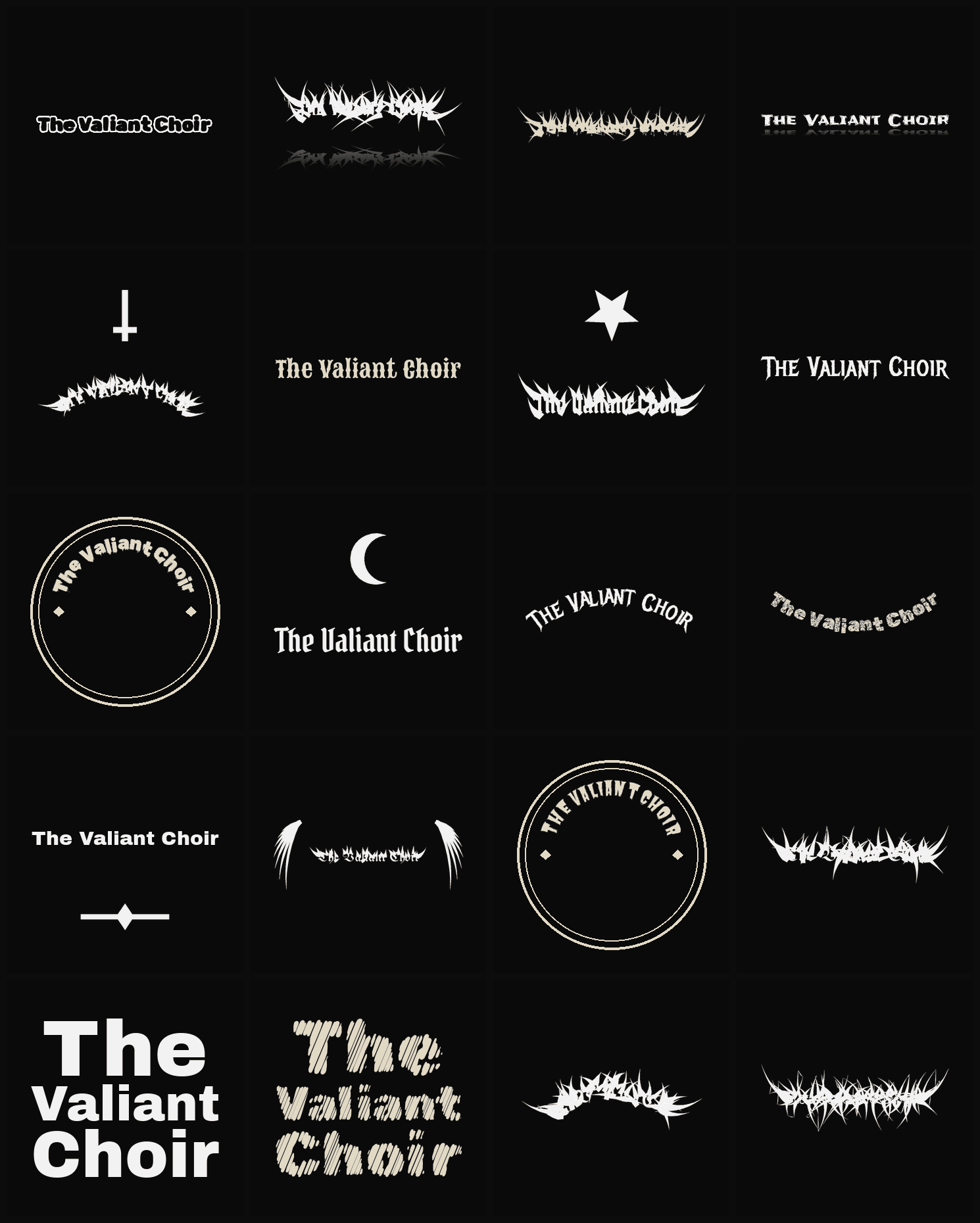 Twenty The Valiant Choir band logo ideas — different faces, treatments and spike settings