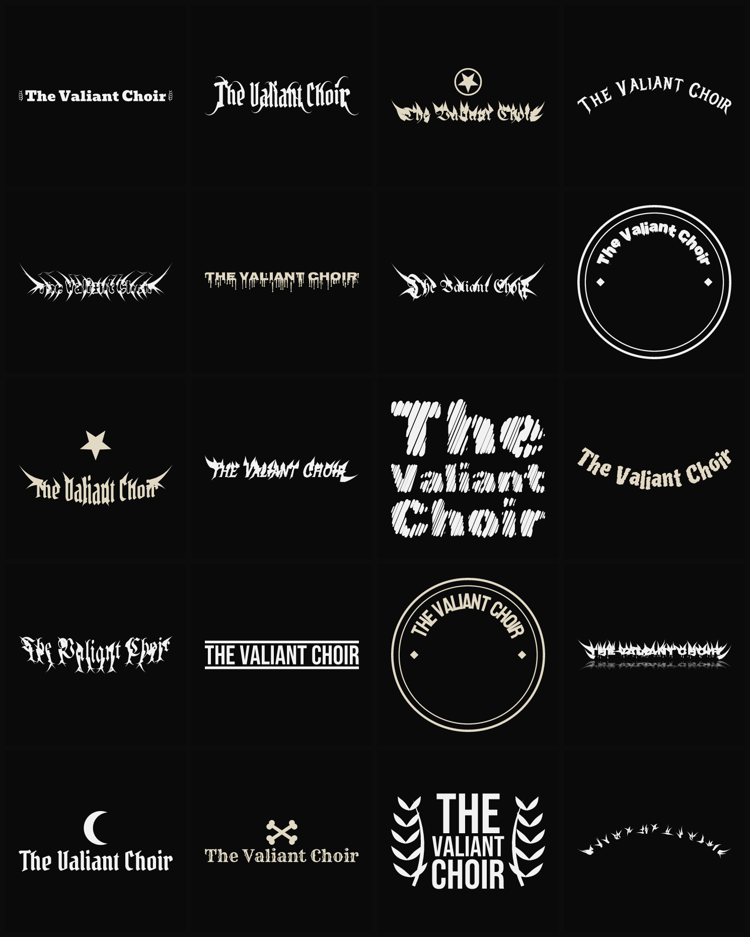 Twenty The Valiant Choir band logo ideas — different faces, treatments and spike settings