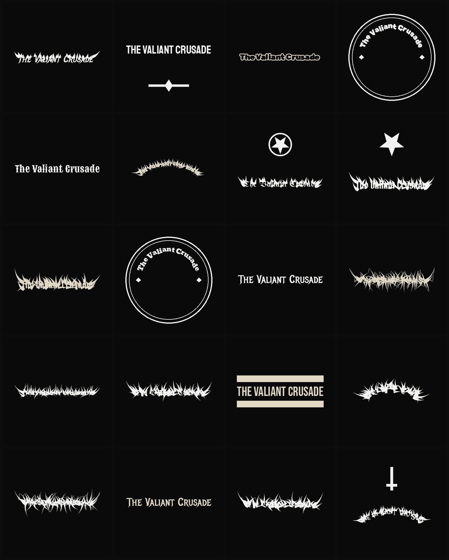 Twenty The Valiant Crusade band logo ideas — different faces, treatments and spike settings