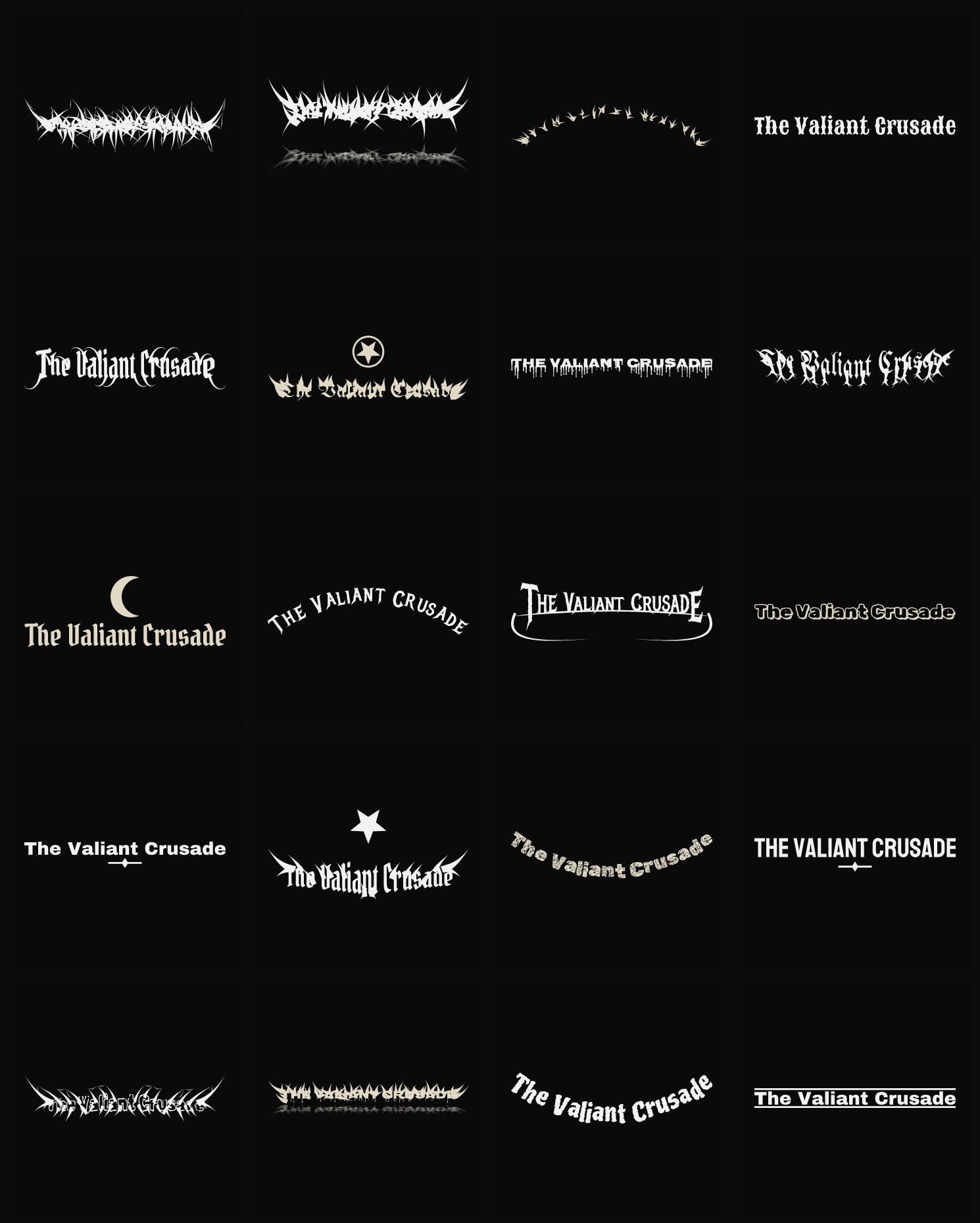 Twenty The Valiant Crusade band logo ideas — different faces, treatments and spike settings