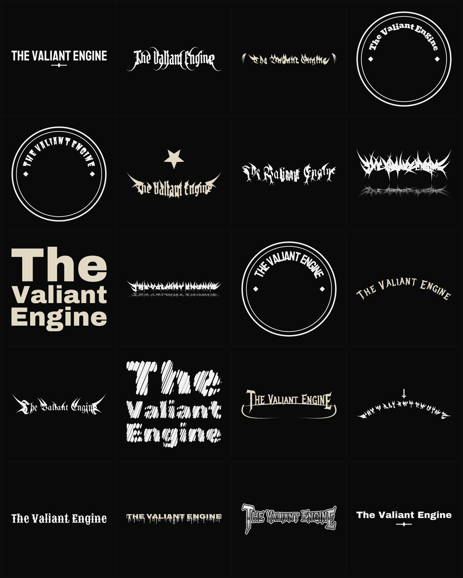 Twenty The Valiant Engine band logo ideas — different faces, treatments and spike settings