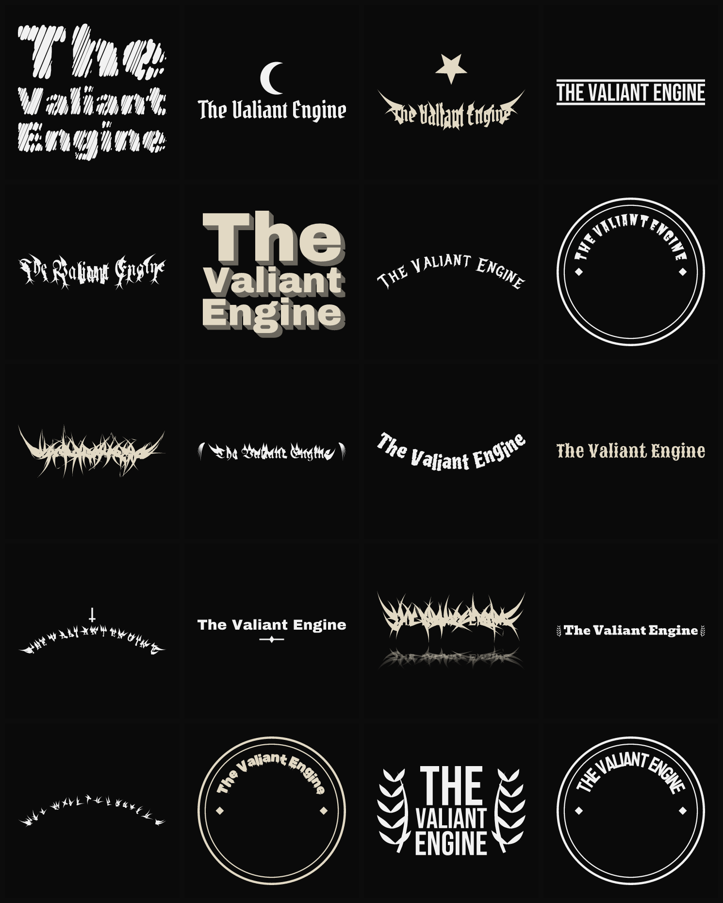 Twenty The Valiant Engine band logo ideas — different faces, treatments and spike settings