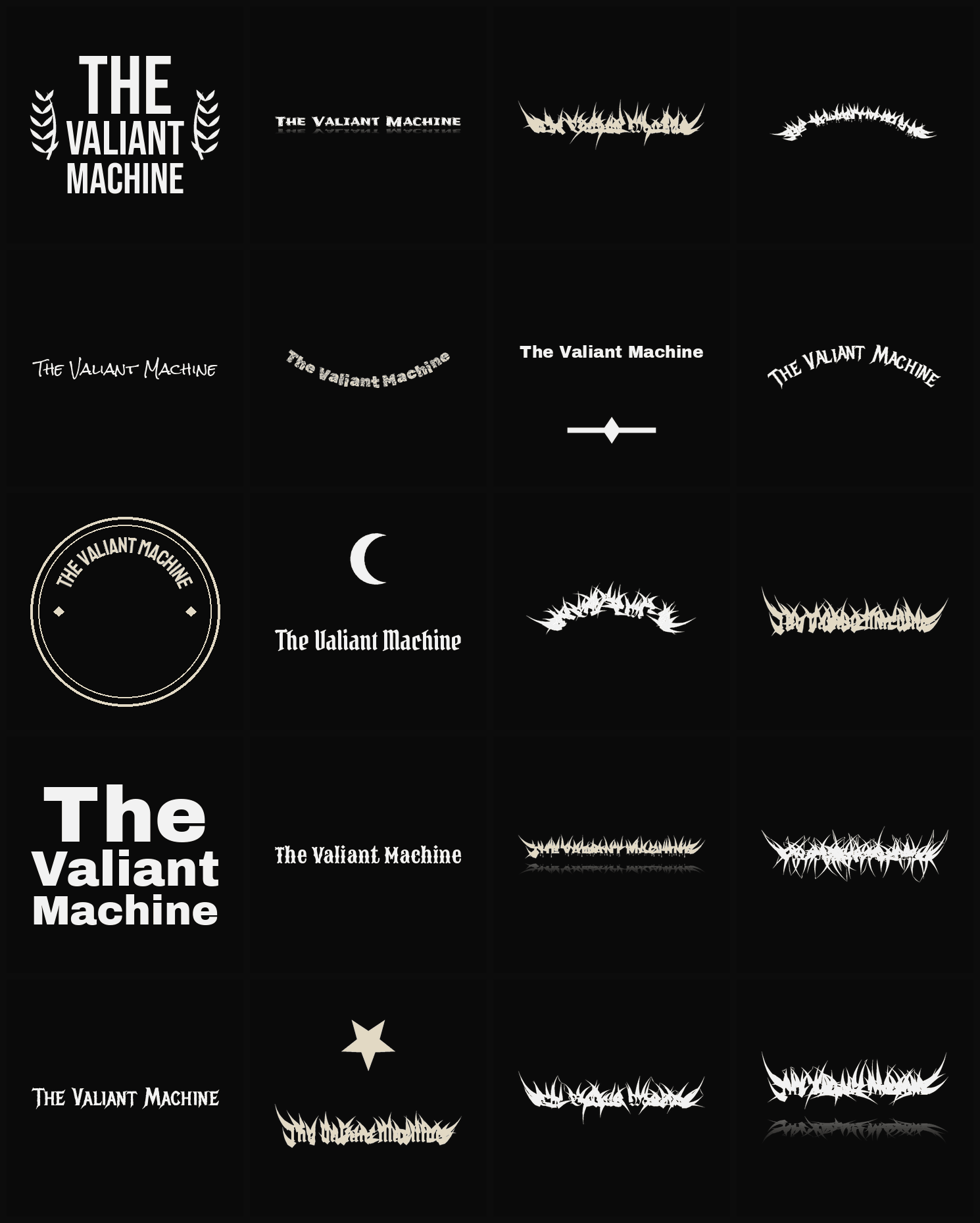 Twenty The Valiant Machine band logo ideas — different faces, treatments and spike settings