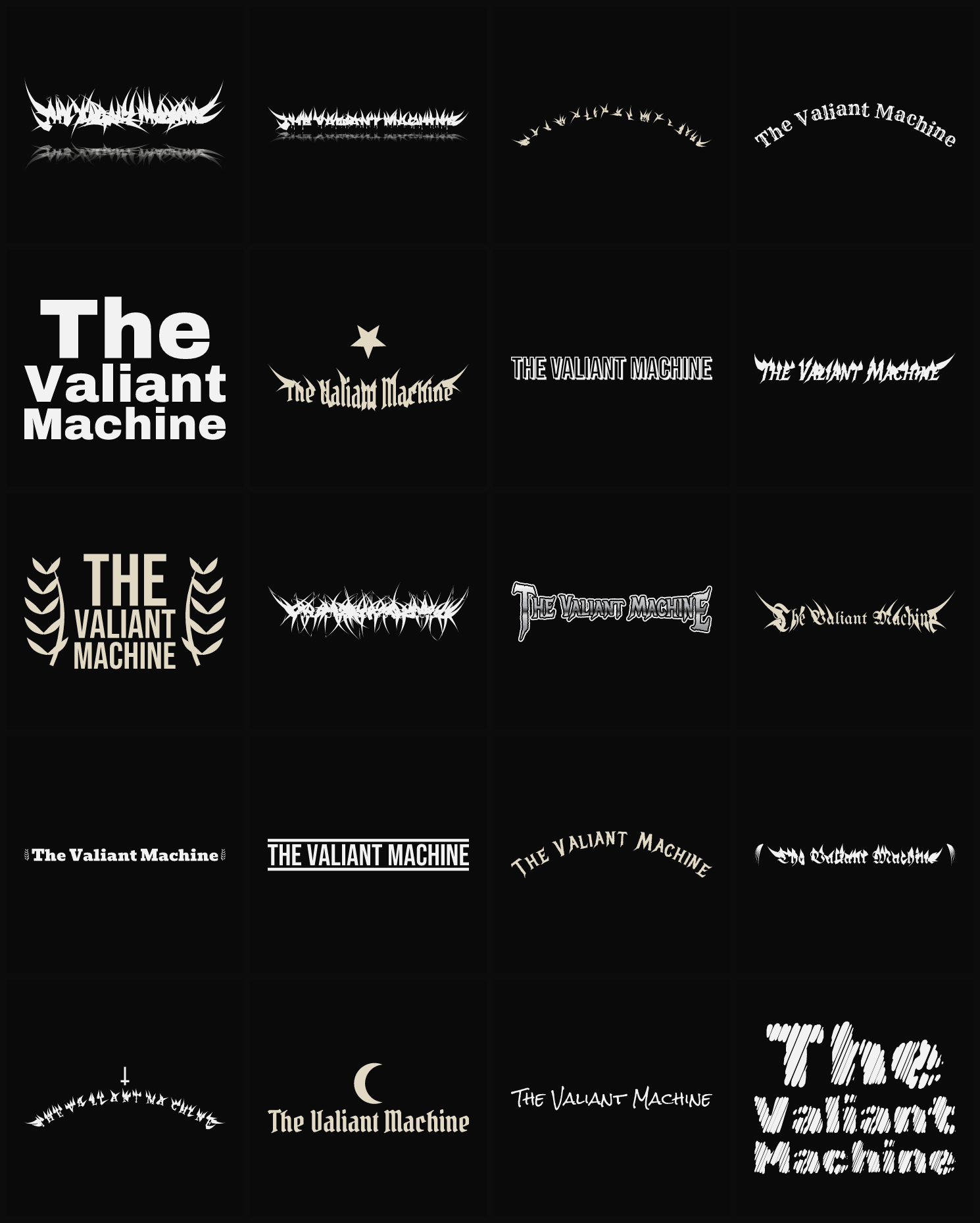 Twenty The Valiant Machine band logo ideas — different faces, treatments and spike settings